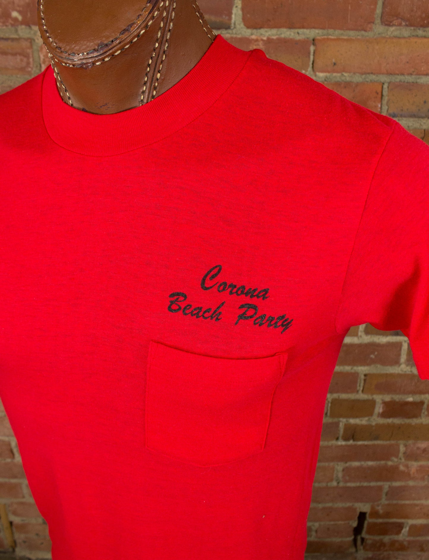 Vintage 80s Corona Beach Party Member Puff Print Red Pocket Tee Graphic T Shirt Unisex Medium