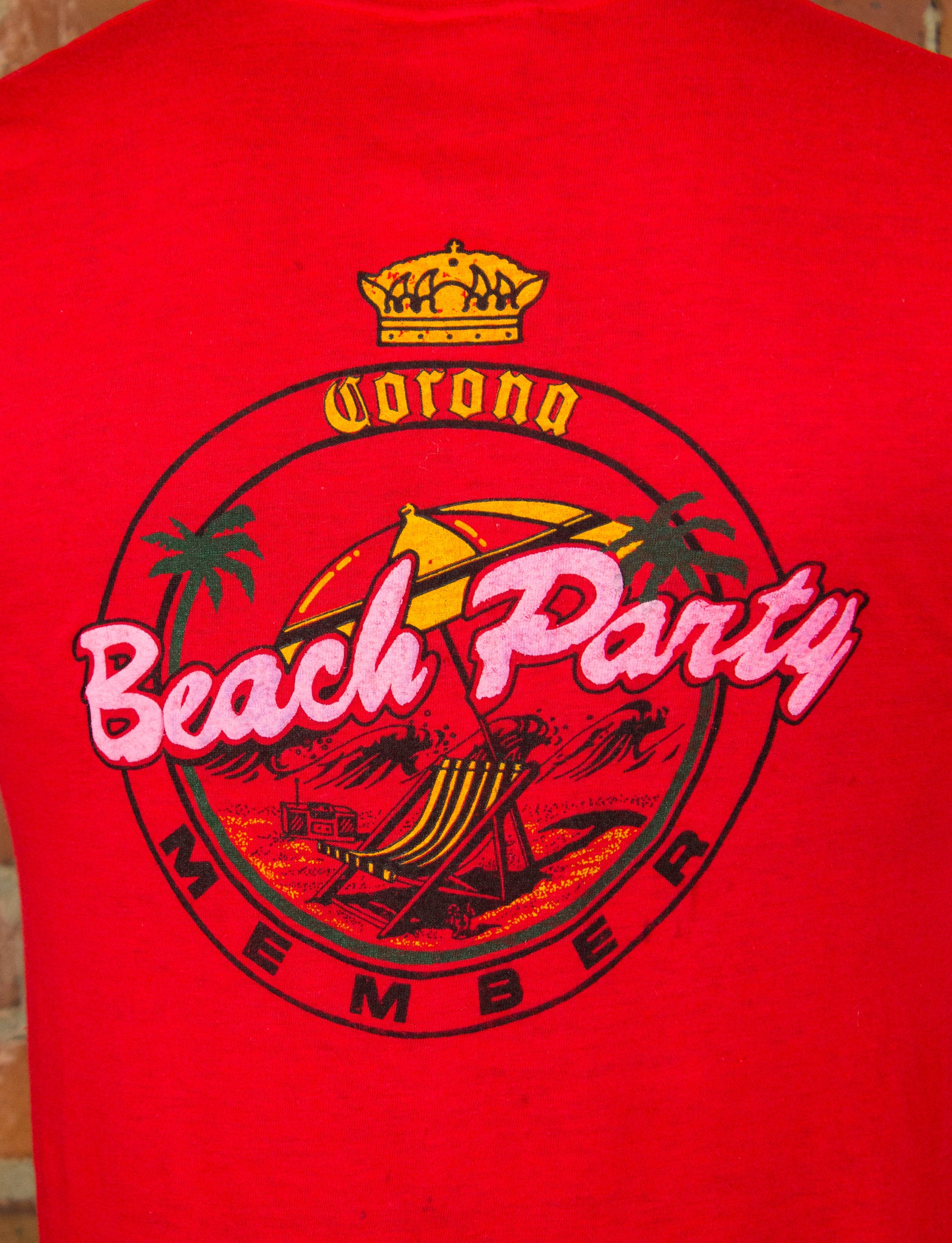 Vintage 80s Corona Beach Party Member Puff Print Red Pocket Tee Graphic T Shirt Unisex Medium