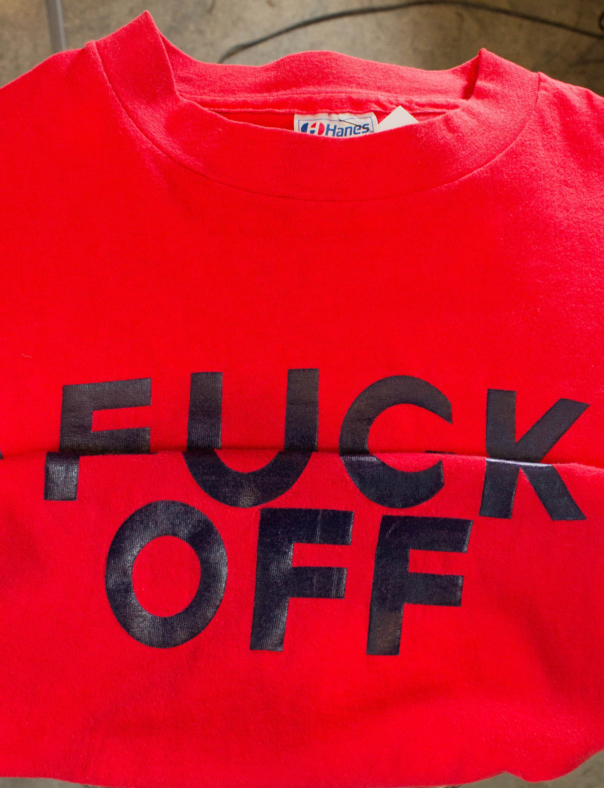 Vintage 80s EIIGY POCR OFF Fuck Off Red Graphic T Shirt Unisex Large-XL