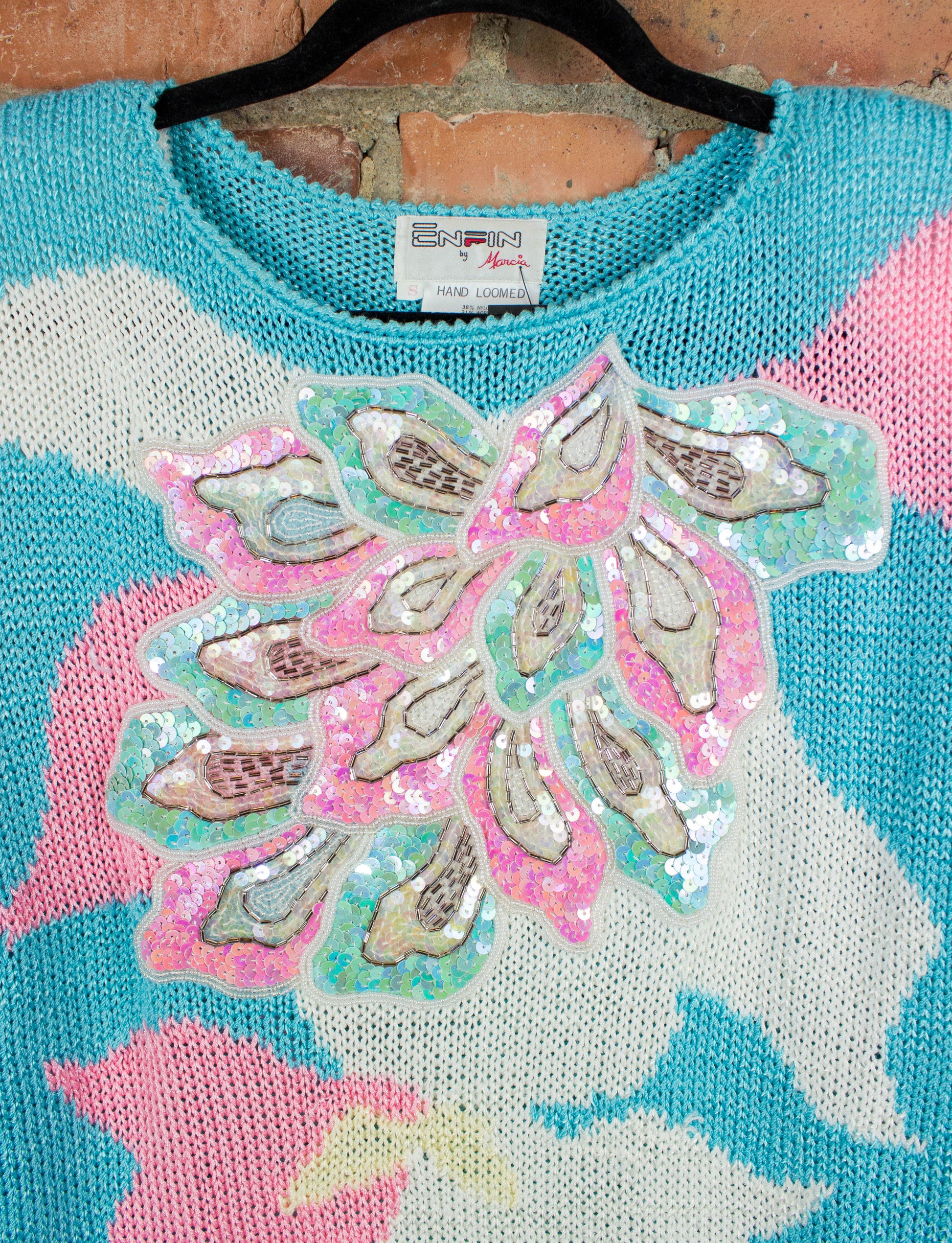 Vintage 80s Enfin by Marcia Blue and Pink Beaded Sweater Size Small