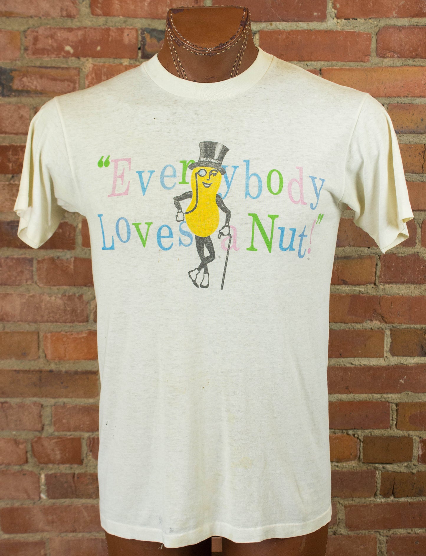 Vintage 80s Everybody Loves a Nut Mr. Peanut White Graphic T Shirt Unisex Medium