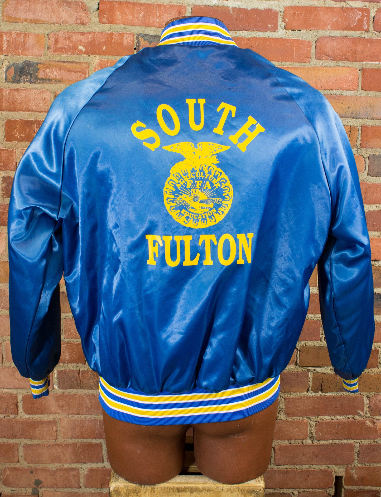 Vintage 80s FFA South Fulton Blue and Yellow Satin Jacket Unisex Large-XL