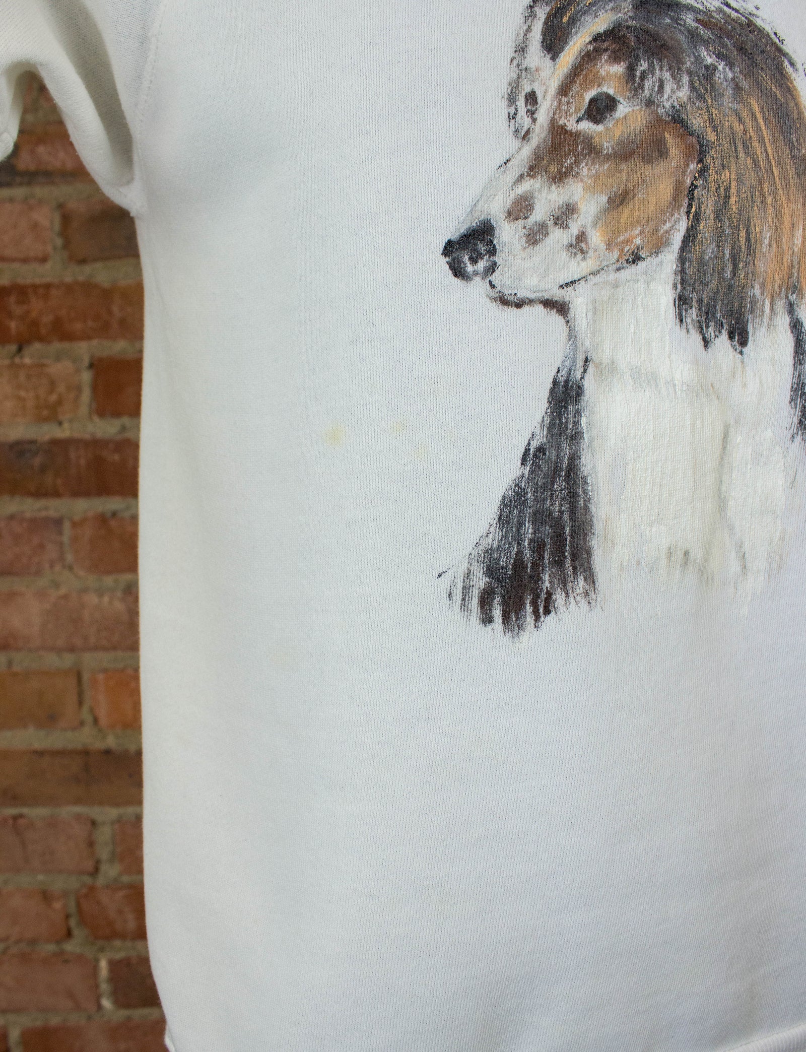 Vintage 80s Hand Painted Dog White Short Sleeve Crewneck Sweatshirt Unisex Small-Medium