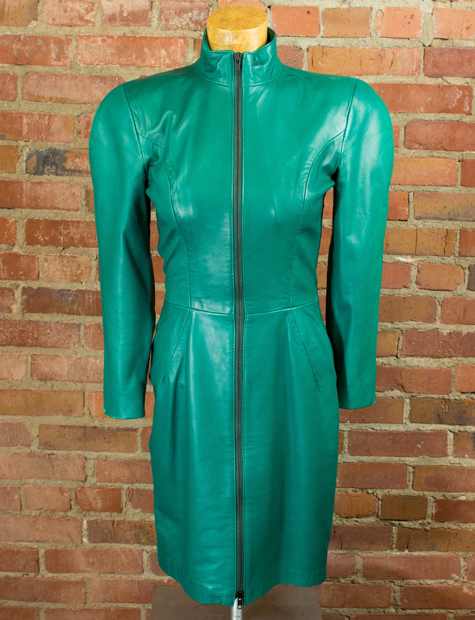 Vintage 80s Michael Hoban North Beach Leather Teal Front Zip Dress Size XS