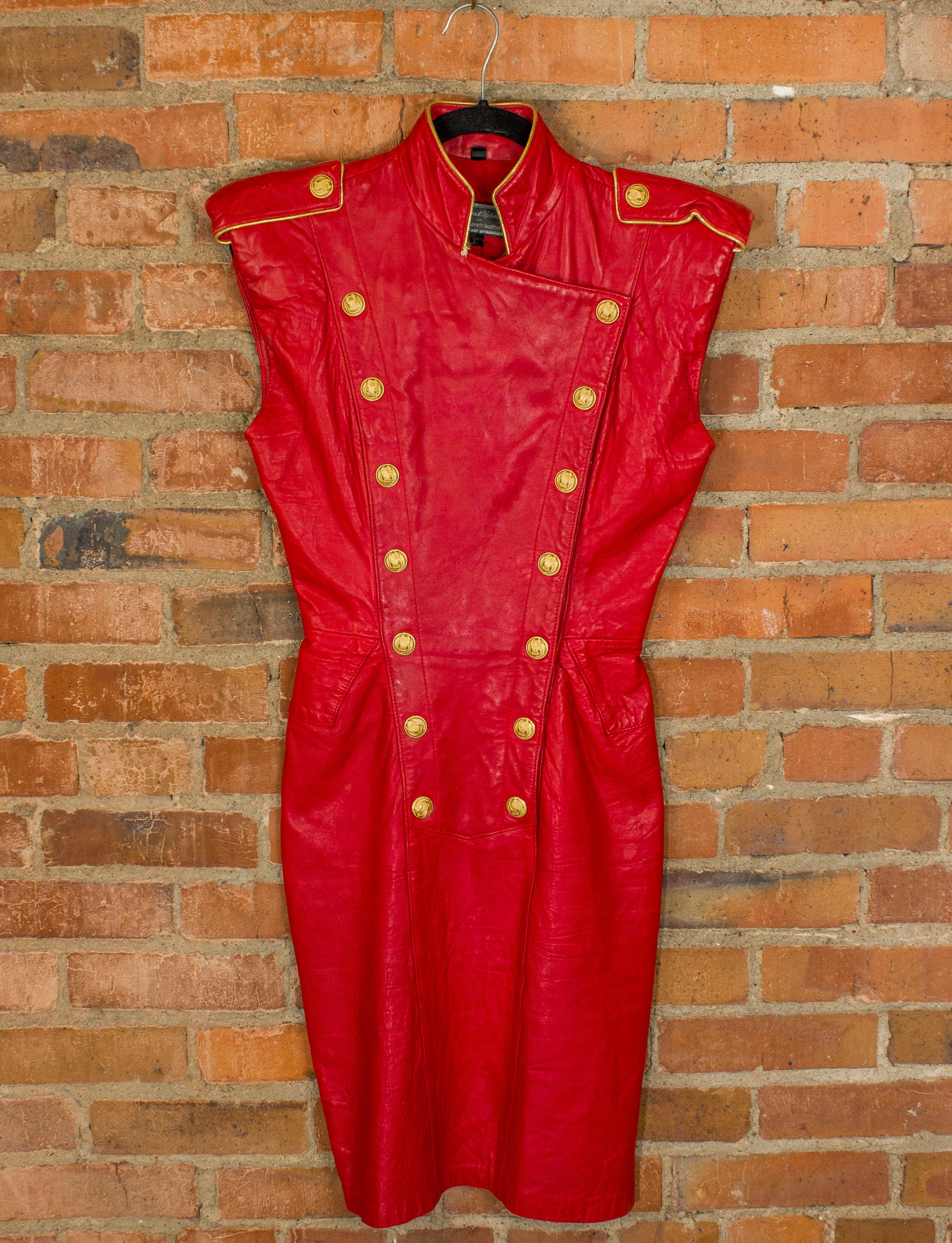 Vintage 80s Michael Hoban for North Beach Leather Red Dress With Gold Buttons Size XS