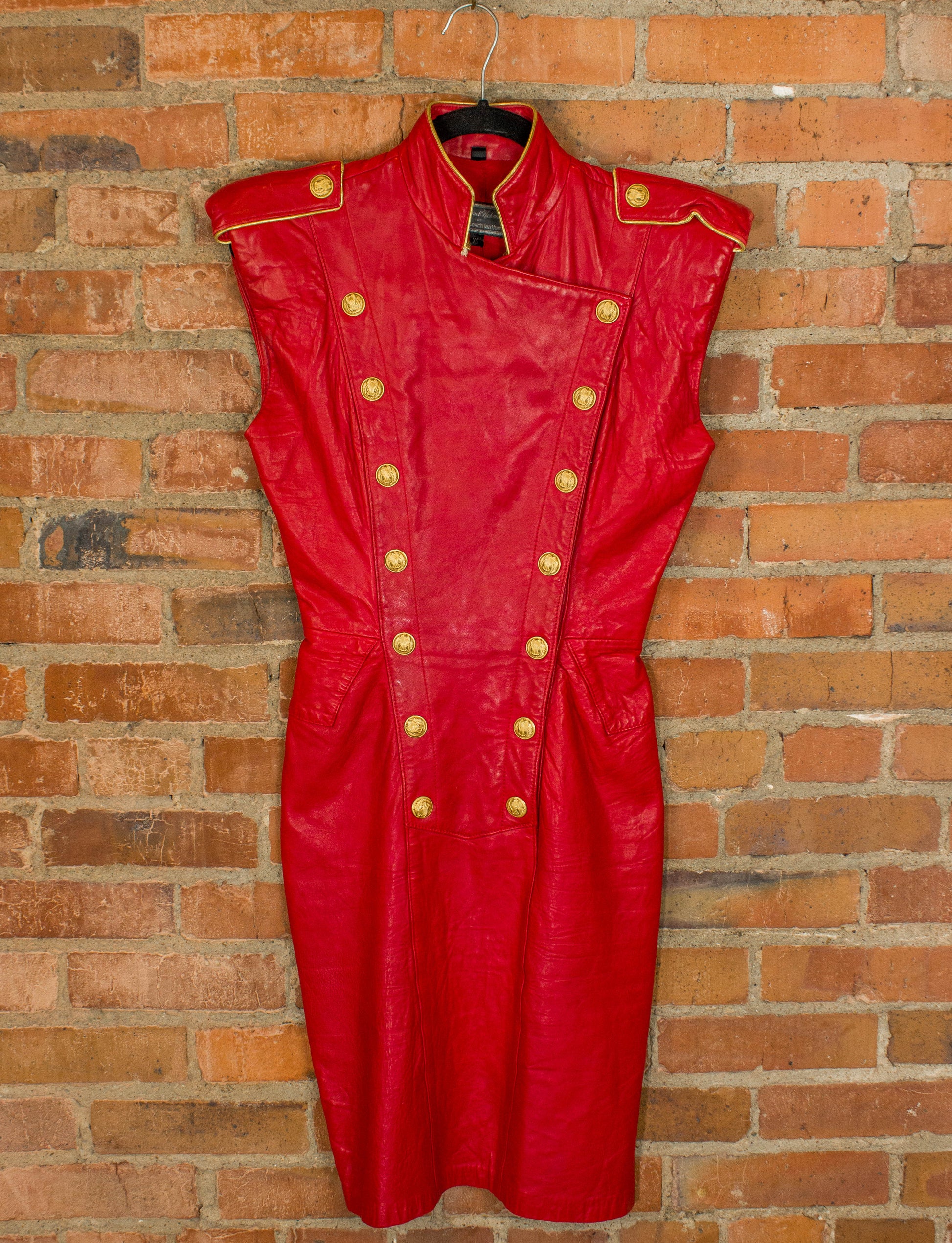 Vintage 80s Michael Hoban for North Beach Leather Red Dress With Gold Buttons Size XS Vintage 80s Michael Hoban for North Beach Leather Red Dress With Gold Buttons Size XS