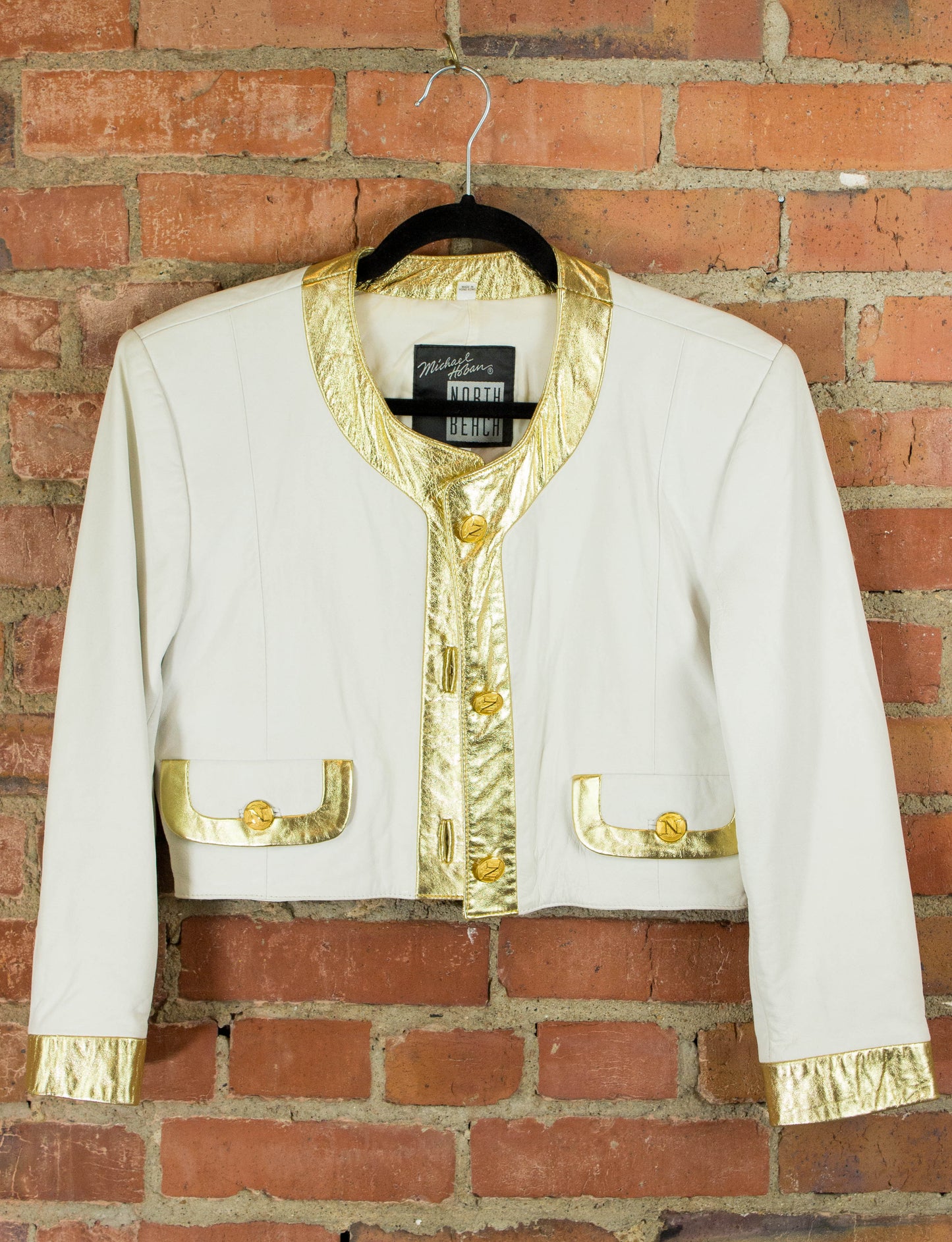 Vintage 80s North Beach by Michael Hoban Leather White and Gold Two-Piece Suit Size Small-Medium