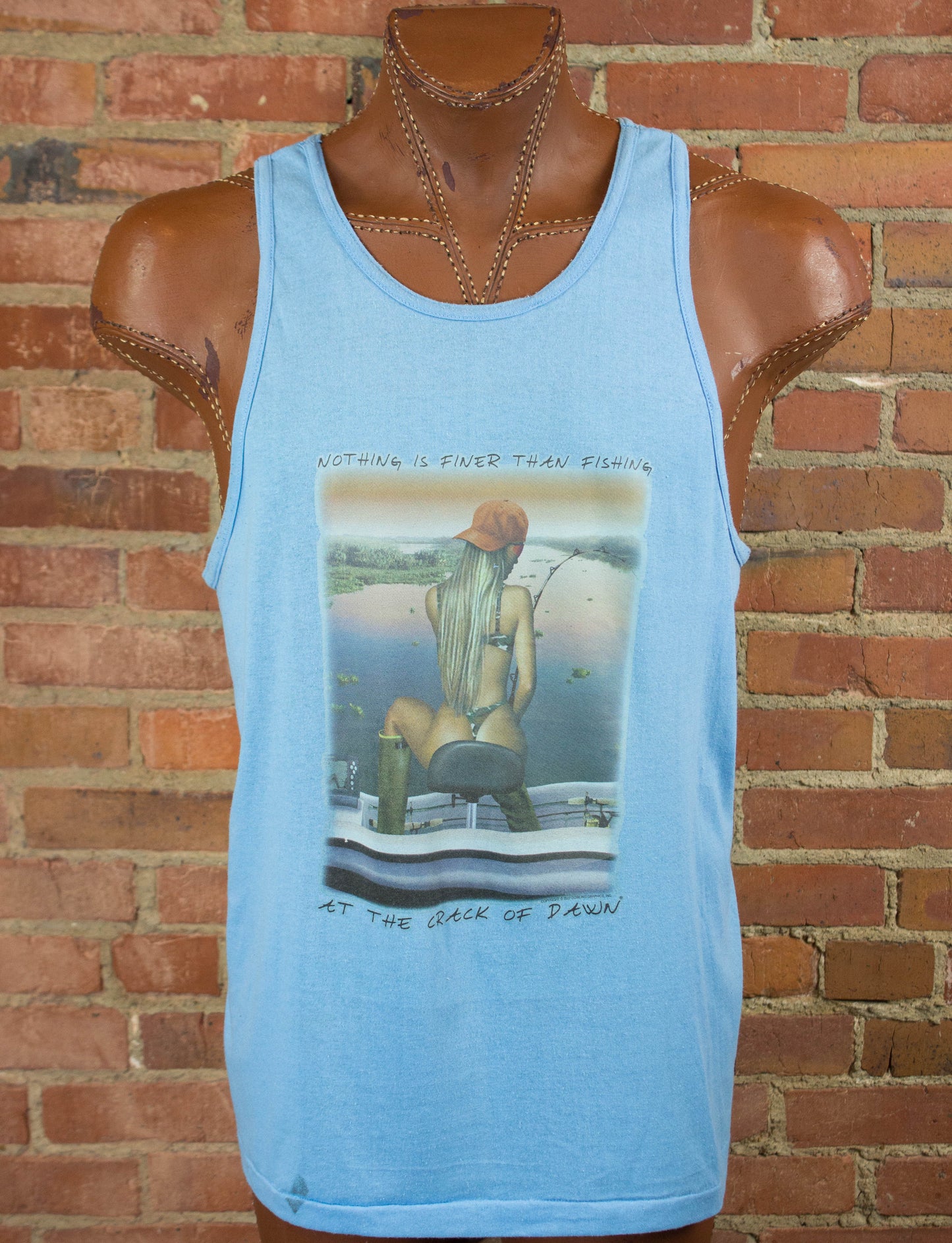 Vintage 80s Nothing Is Finer Than Fishing at the Crack of Dawn Blue Iron On Graphic Tank Top Unisex XL