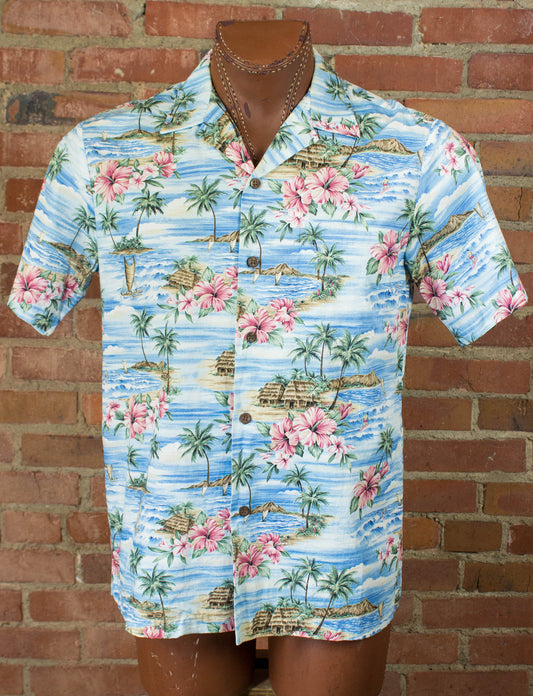 Vintage 80s RJC LTD Blue and Pink Floral Hawaiian Shirt Unisex Medium