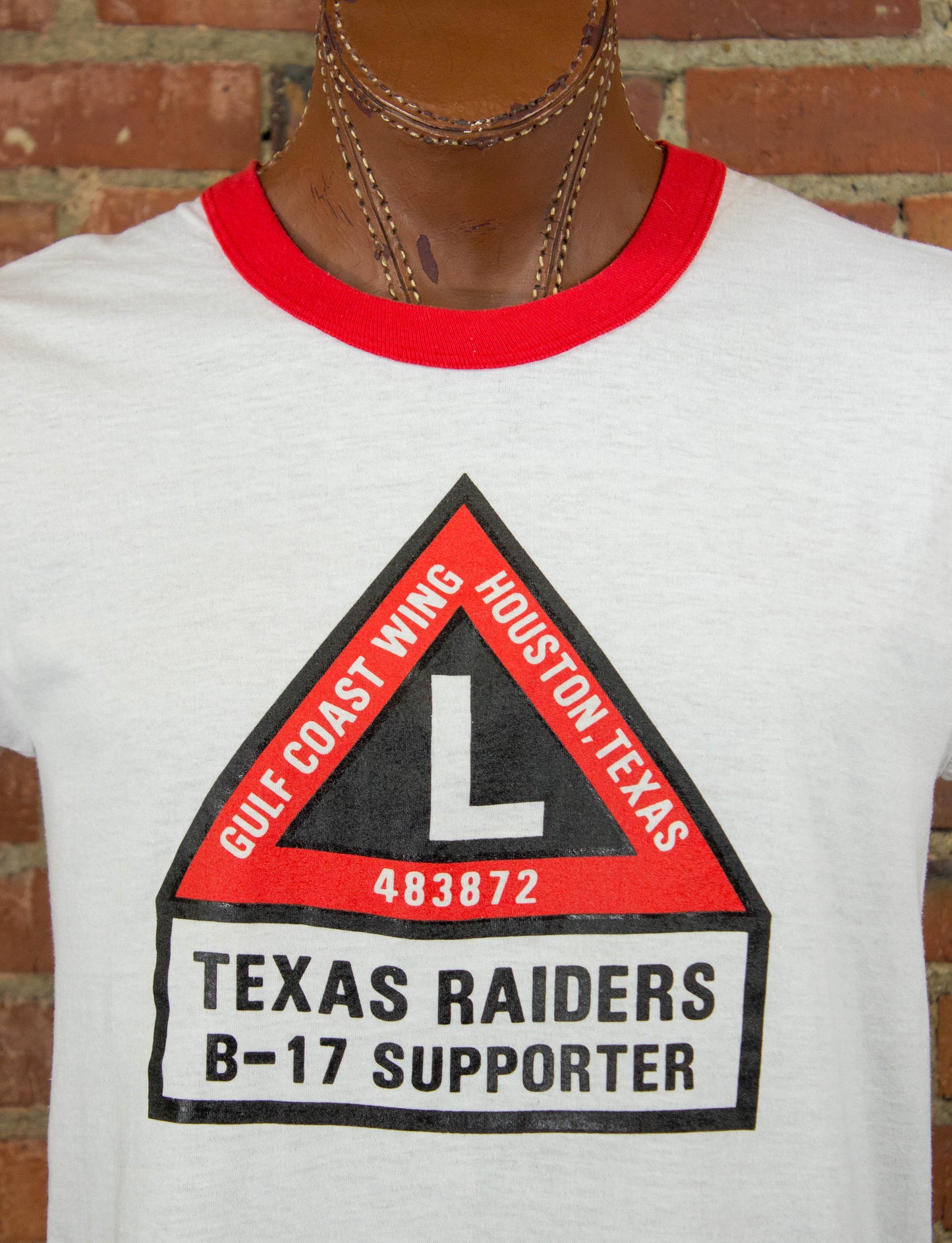 Vintage 80s Texas Raiders B-17 Supporter Gulf Coast Wing White and Red Graphic Ringer T Shirt Unisex Medium-Large