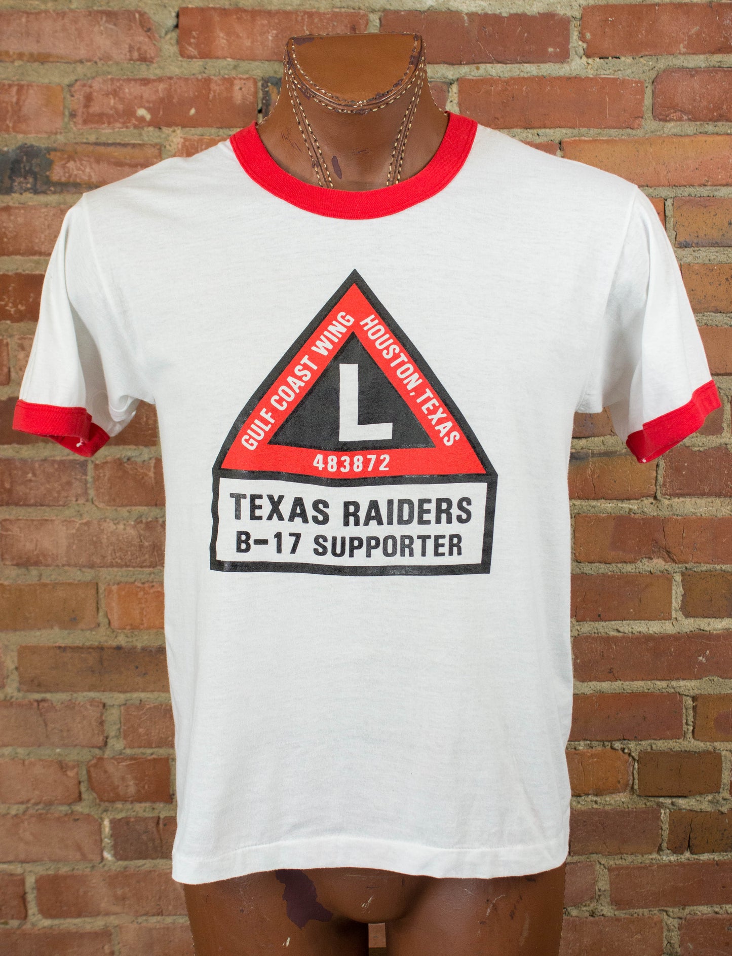 Vintage 80s Texas Raiders B-17 Supporter Gulf Coast Wing White and Red Graphic Ringer T Shirt Unisex Medium-Large