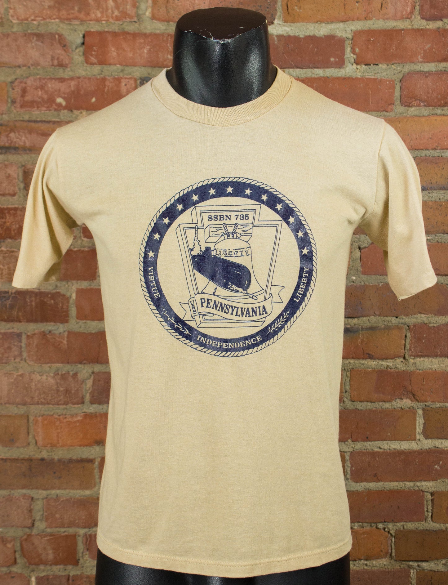 Vintage 80s USS Pennsylvania Submarine Tan Graphic T Shirt Unisex Small-Medium