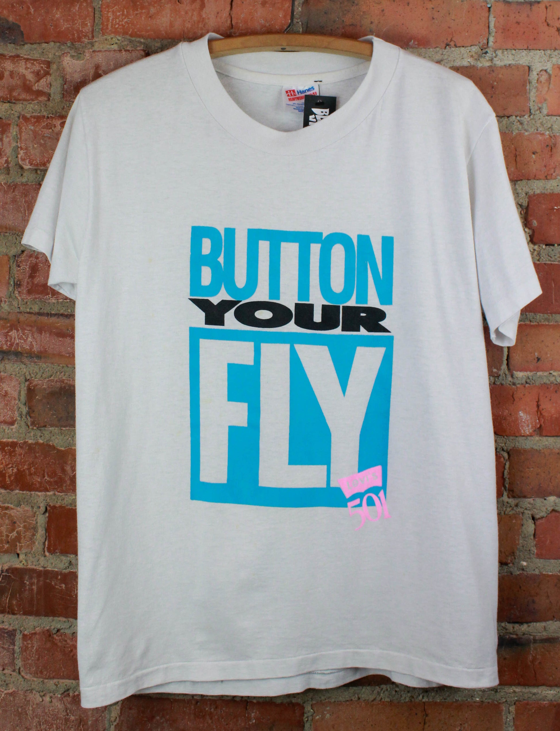 Vintage 90's Levi's 501 Graphic T Shirt Button Your Fly White Unisex Medium