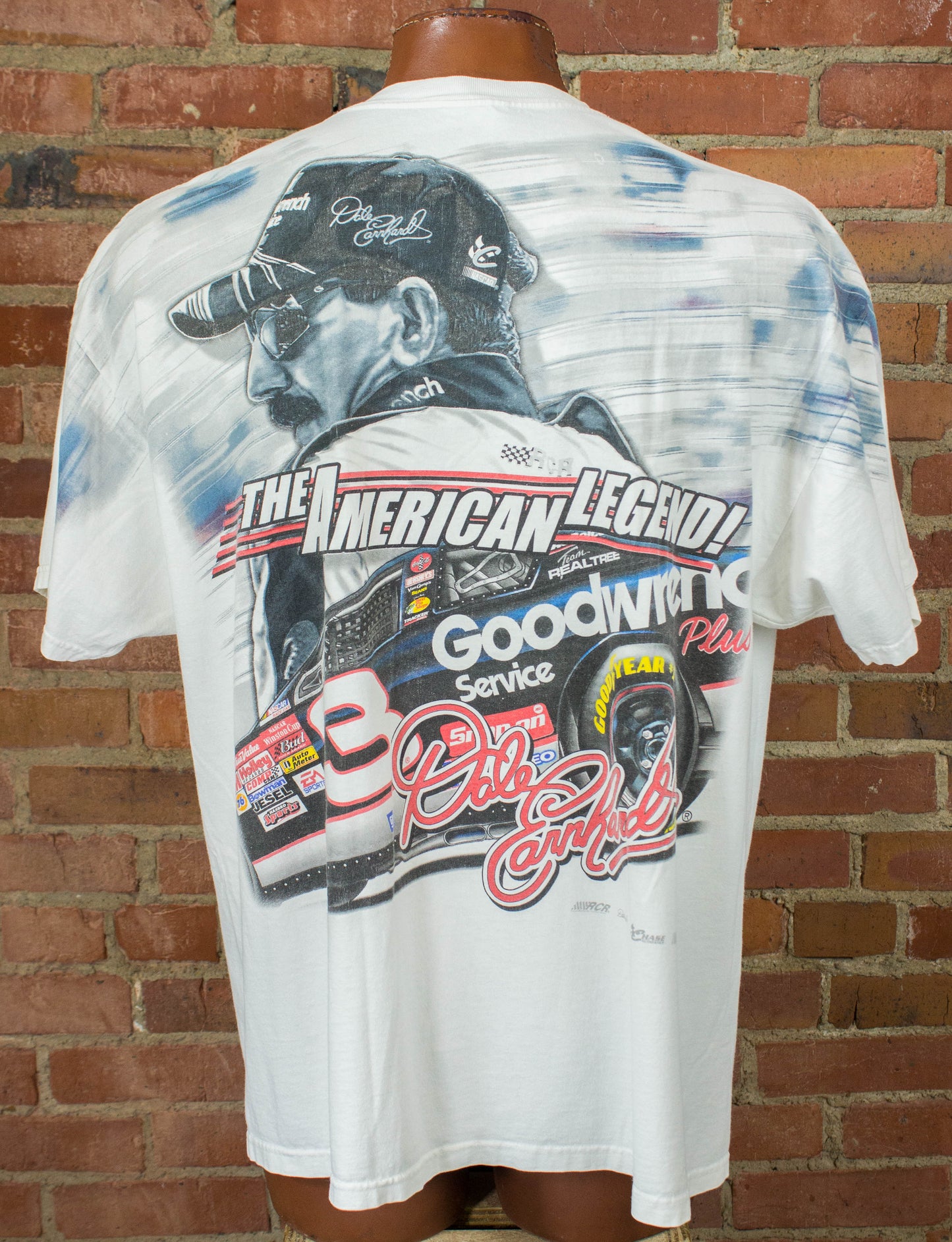 Vintage 90s Dale Earnhardt The American Legend White All Over Print NASCAR Graphic T Shirt Unisex XL
