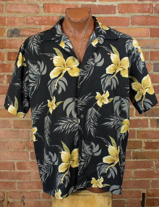 Vintage 90s Premier International Black and Yellow Floral Print Hawaiian Shirt Unisex XL