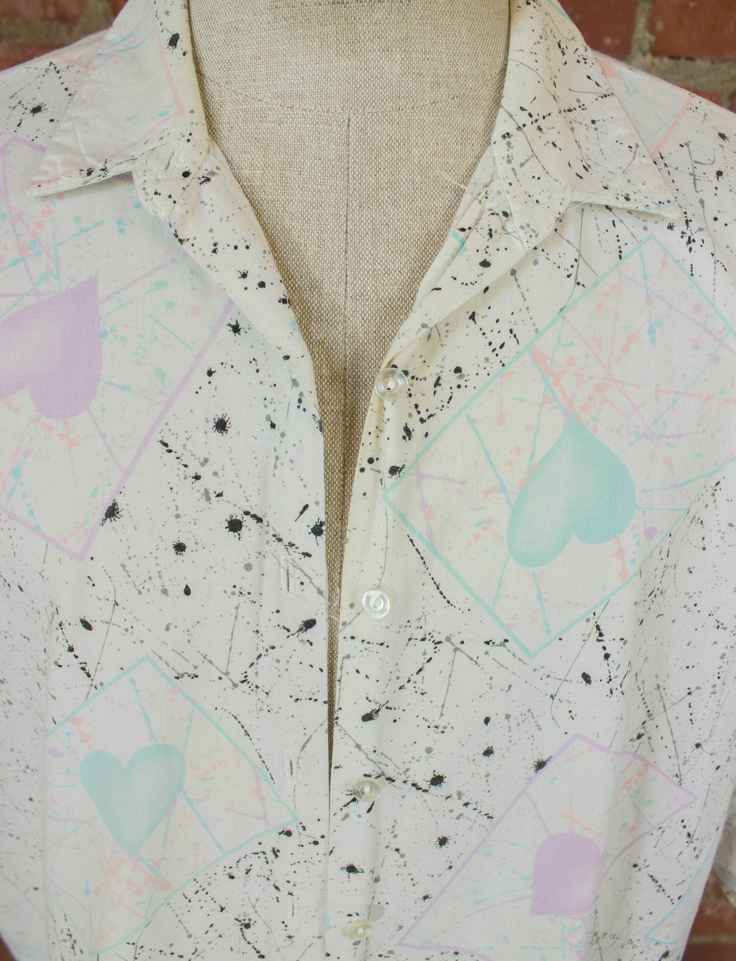 Vintage 90s Women's Splatter Painted Hearts White Button Up Blouse Size Medium-Large