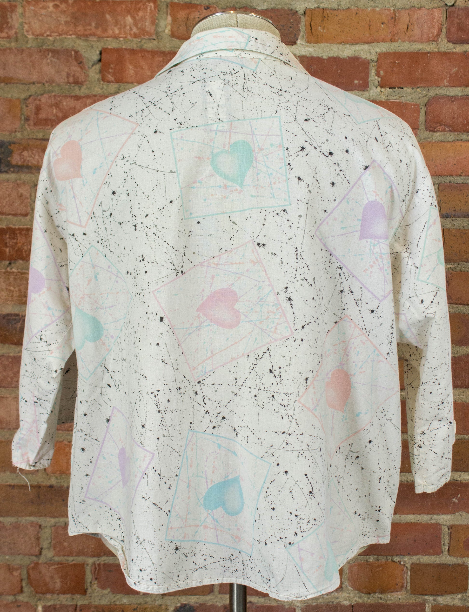 Vintage 90s Women's Splatter Painted Hearts White Button Up Blouse Size Medium-Large