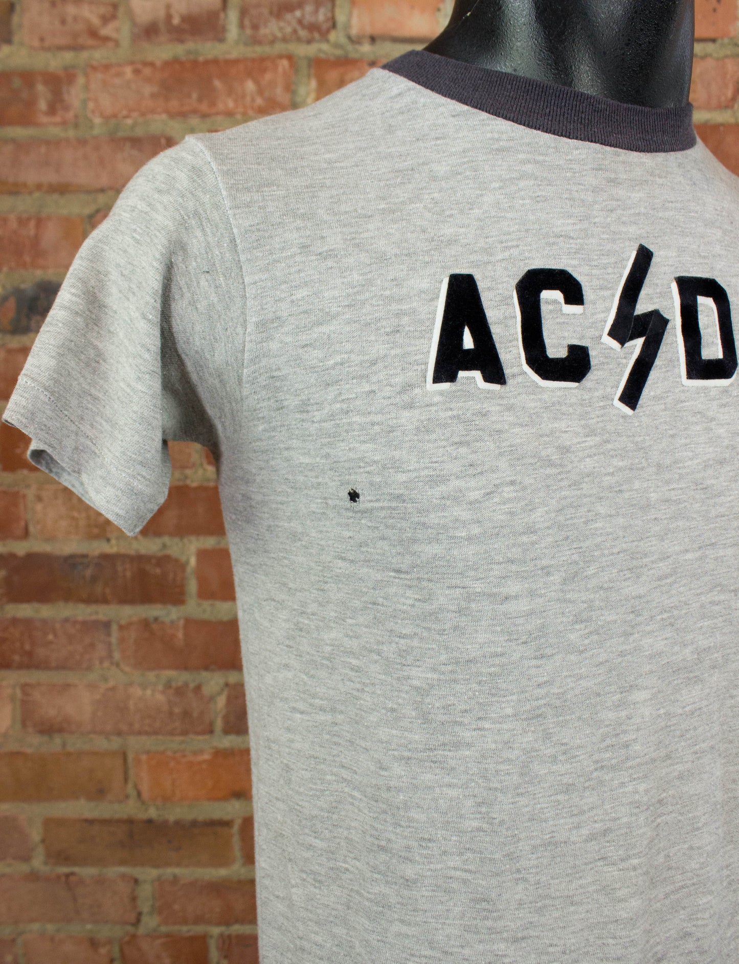 Vintage AC/DC Concert T Shirt 70s Velvet Logo Homemade Ringer Grey Small