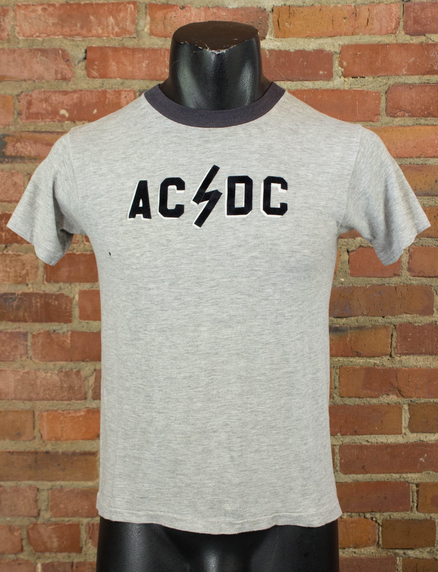 Vintage AC/DC Concert T Shirt 70s Velvet Logo Homemade Ringer Grey Small