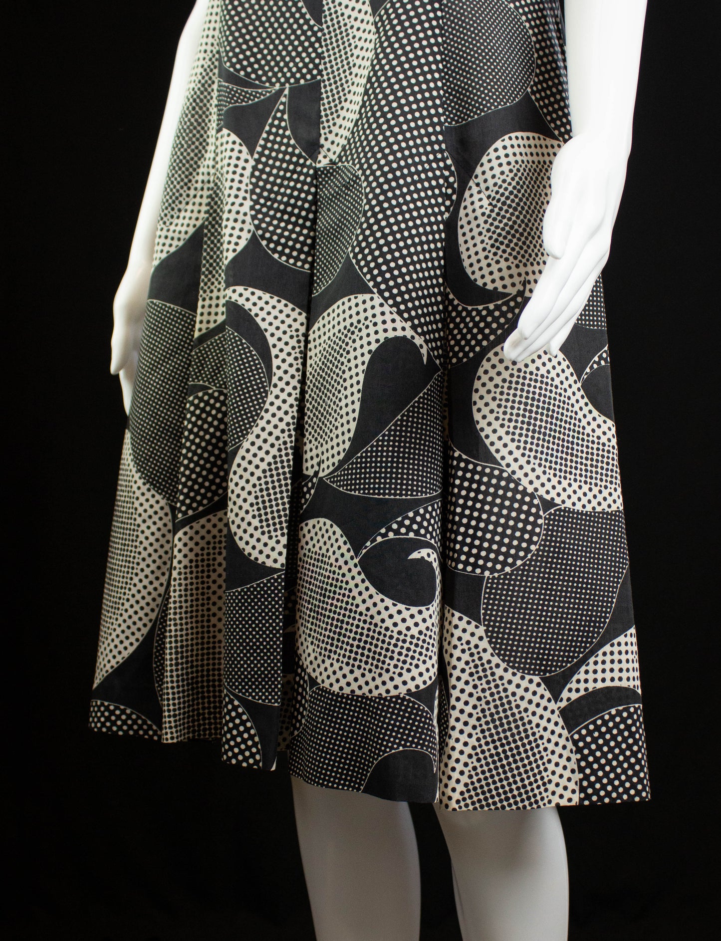 Vintage Abstract Polka Dot Dress With Pleated Skirt 60s Black and White Medium