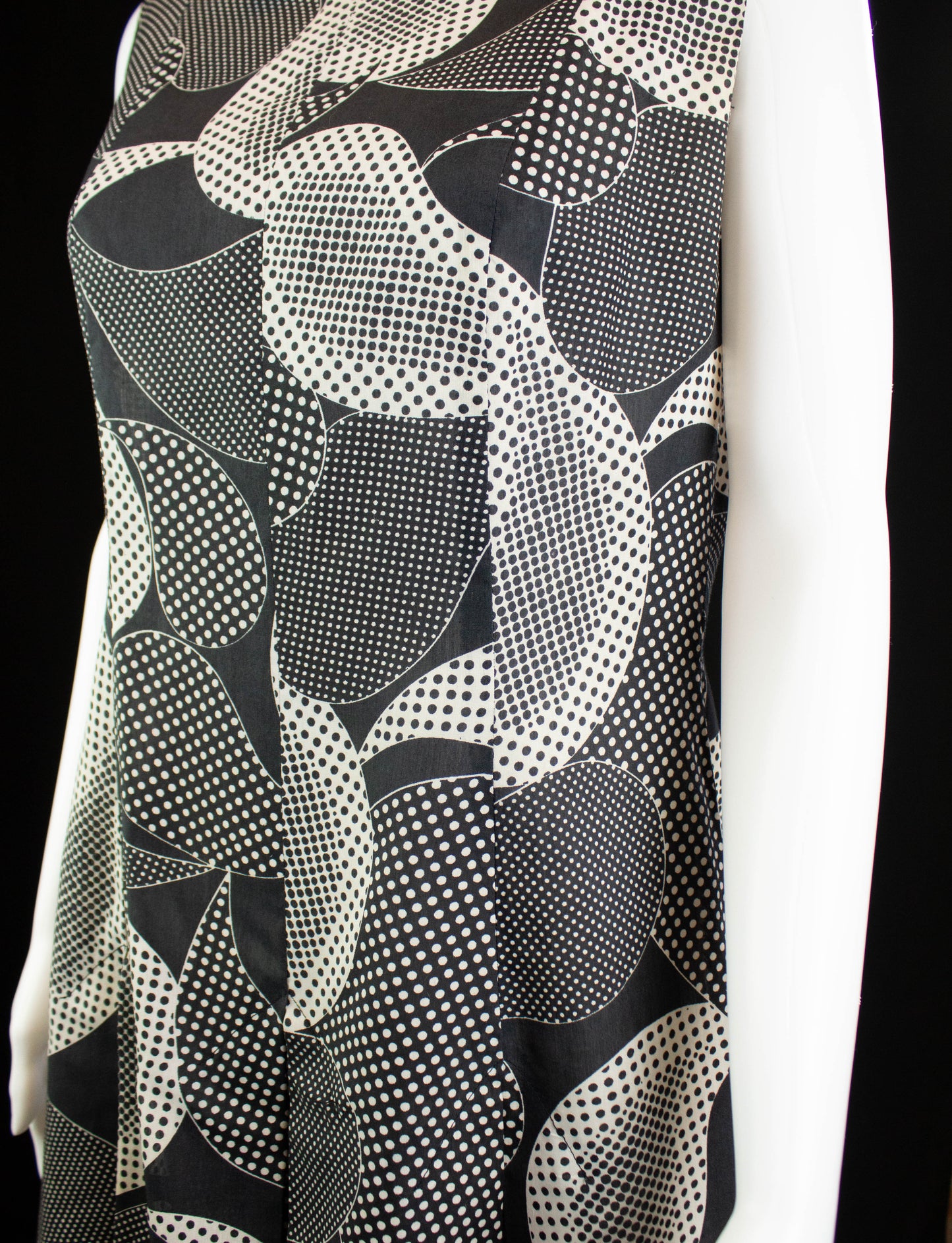 Vintage Abstract Polka Dot Dress With Pleated Skirt 60s Black and White Medium