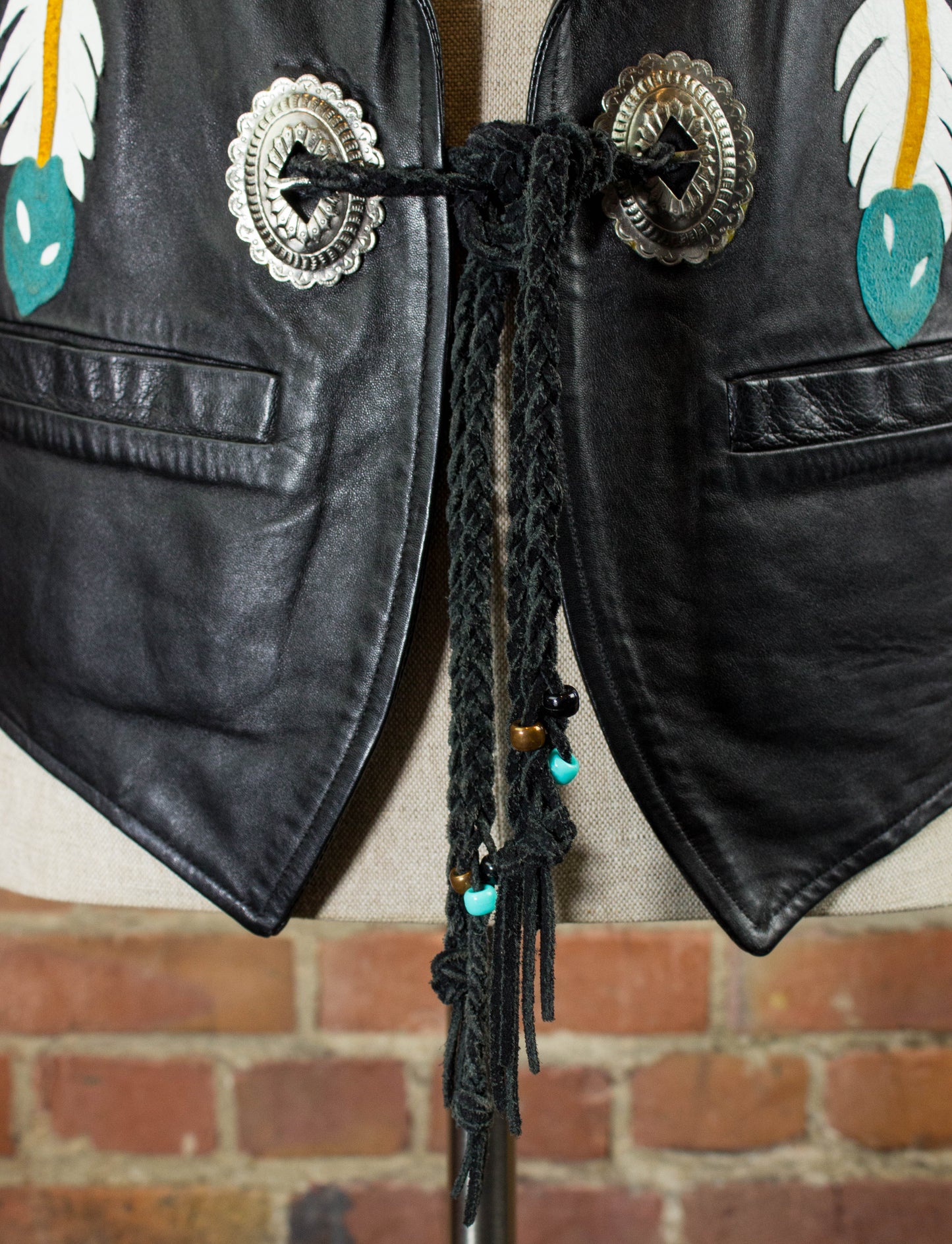 Vintage Black Leather Native American Vest Unisex Medium