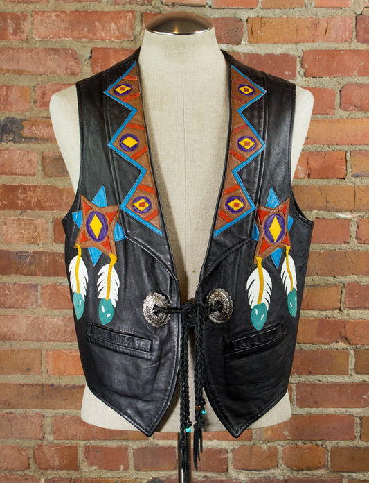 Vintage Black Leather Native American Vest Unisex Medium