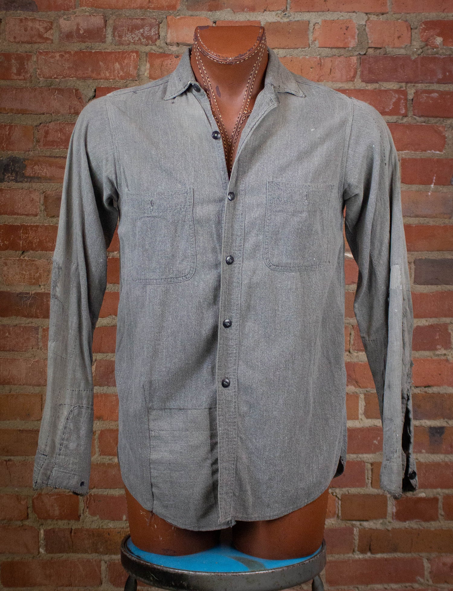 Vintage Button Up Work Shirt 40s Gray Large