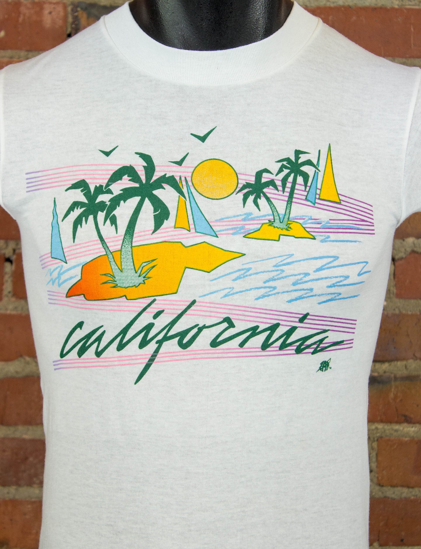 Vintage California Beach Graphic T Shirt 80s White and Multicolor XS