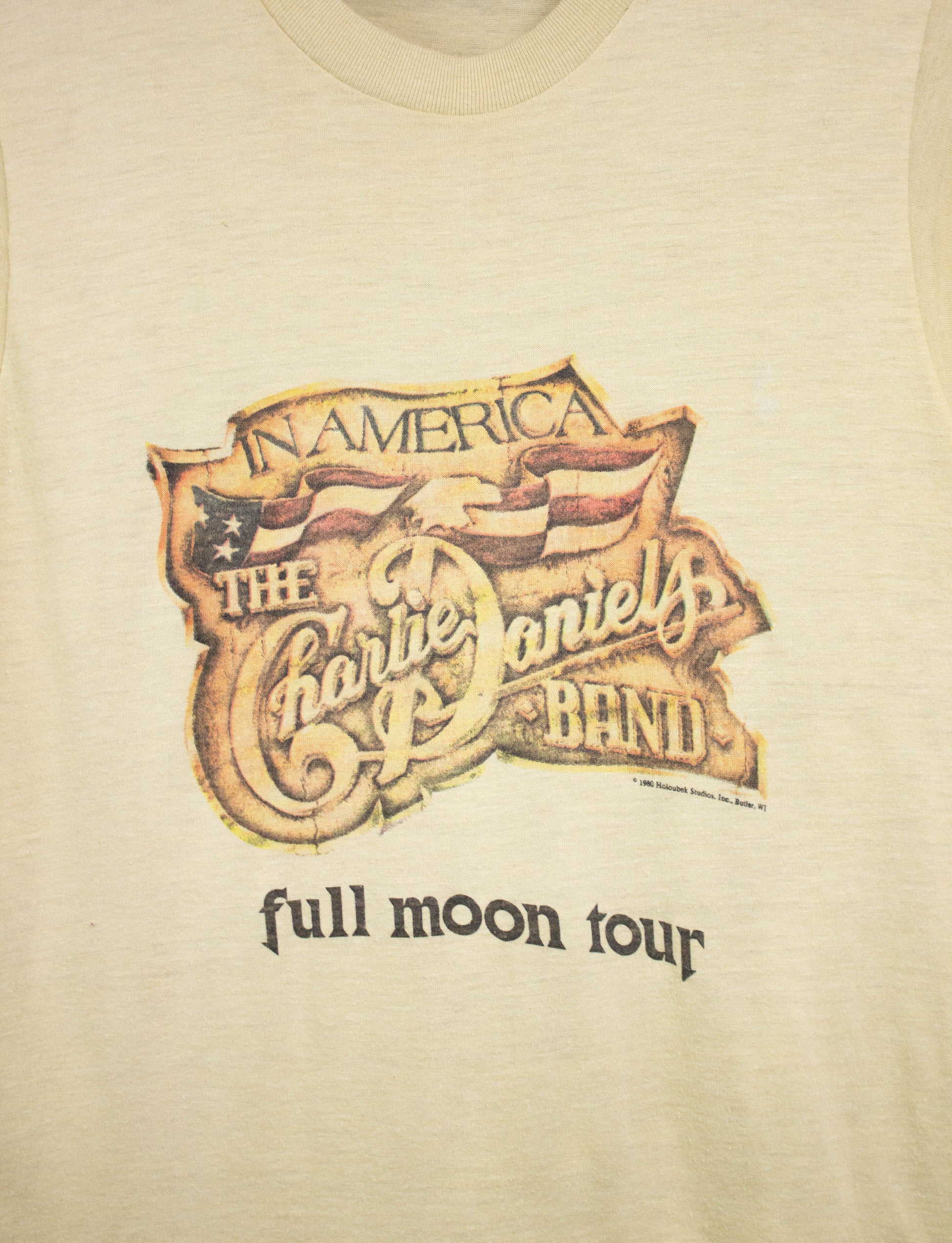 Vintage Charlie Daniels Band 1980 Full Moon Tour Concert T Shirt Tan Small