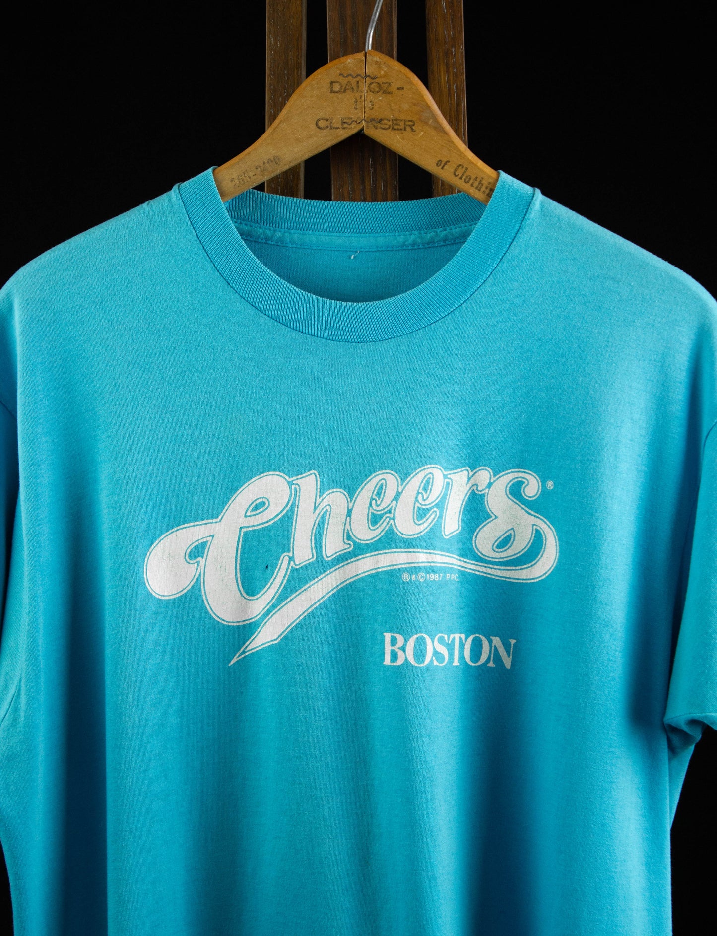 Vintage Cheers Boston Graphic T Shirt 1987 TV Show Bar Light Blue and White Large