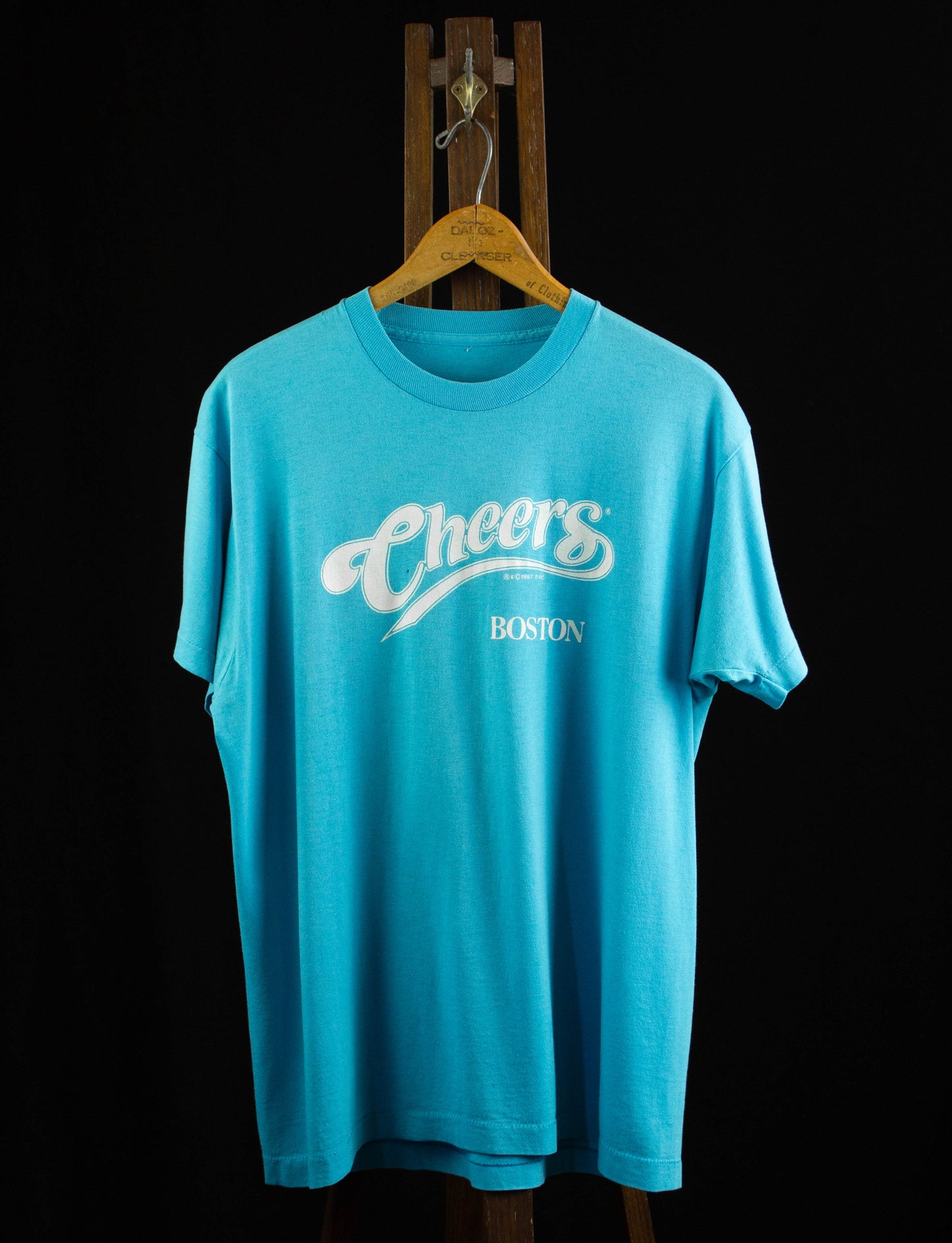 Vintage Cheers Boston Graphic T Shirt 1987 TV Show Bar Light Blue and White Large