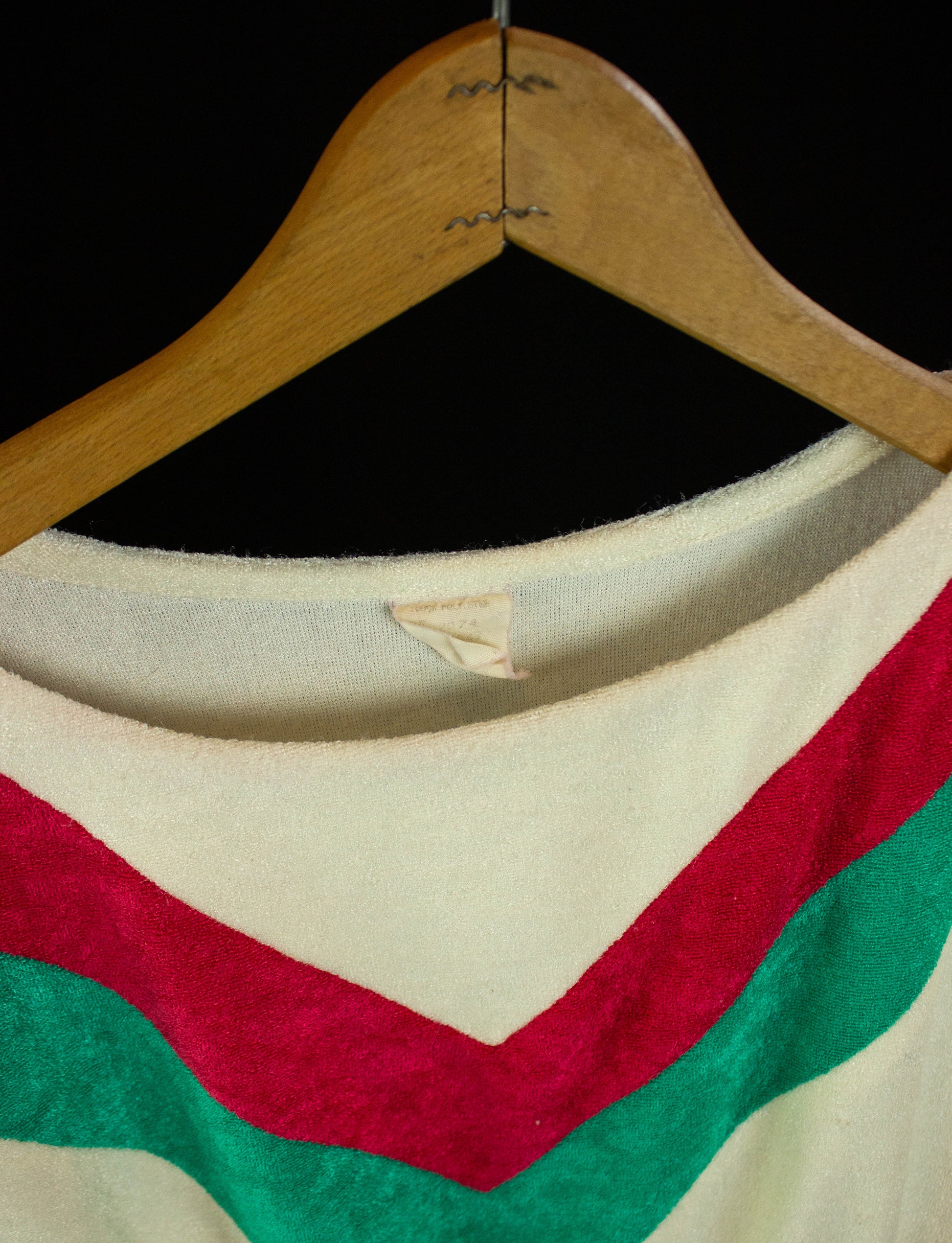 Vintage Chevron Terry Cloth Dress 70s Cream, Red and Green Medium