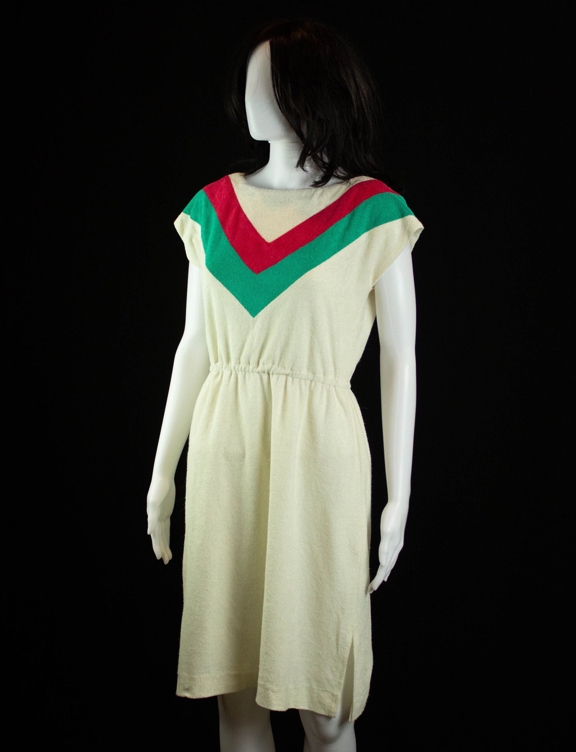 Vintage Chevron Terry Cloth Dress 70s Cream, Red and Green Medium Vintage Chevron Terry Cloth Dress 70s Cream, Red and Green Medium