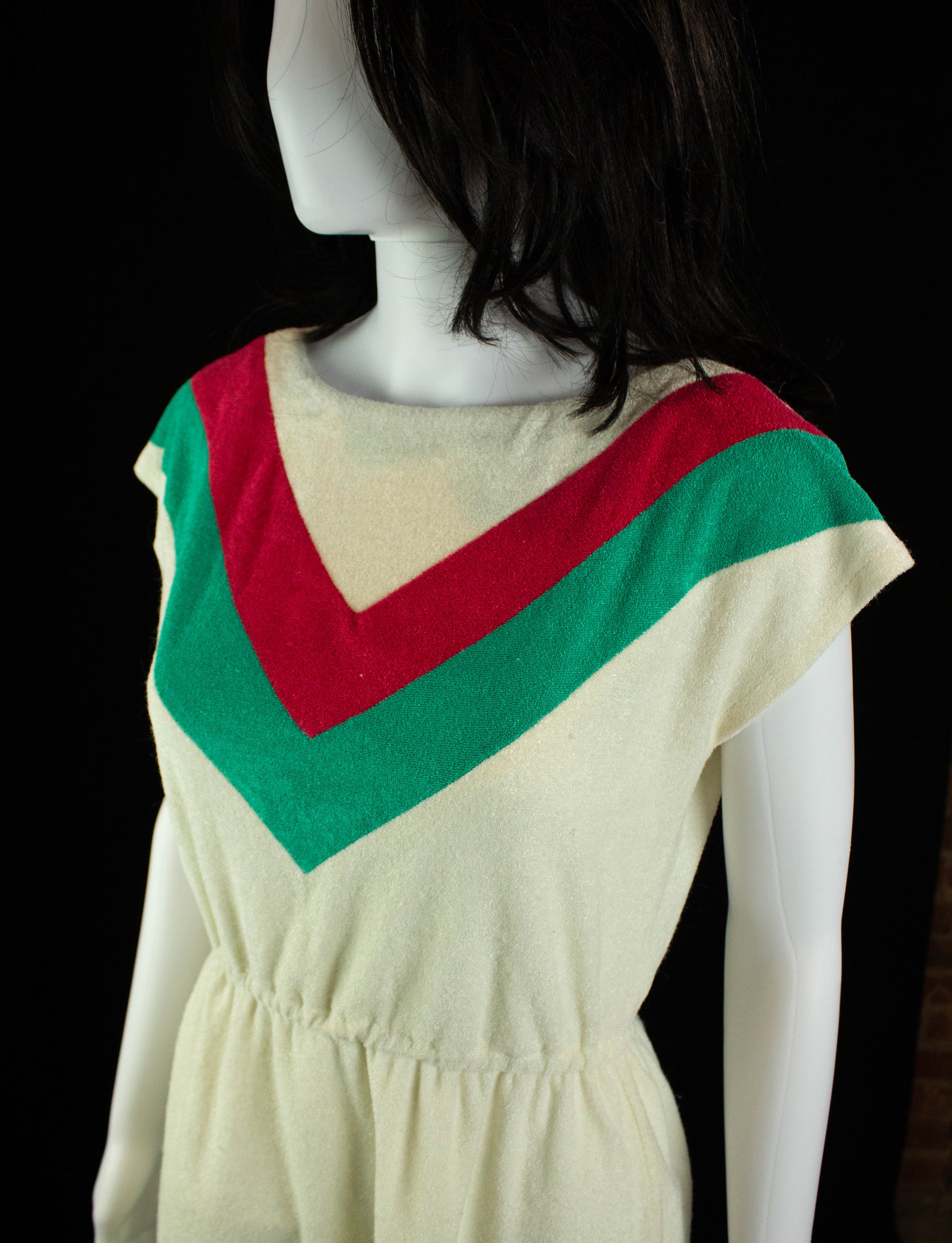 Vintage Chevron Terry Cloth Dress 70s Cream, Red and Green Medium Black Shag Vintage Vintage Chevron Terry Cloth Dress 70s Cream, Red and Green Medium Black Shag Vintage