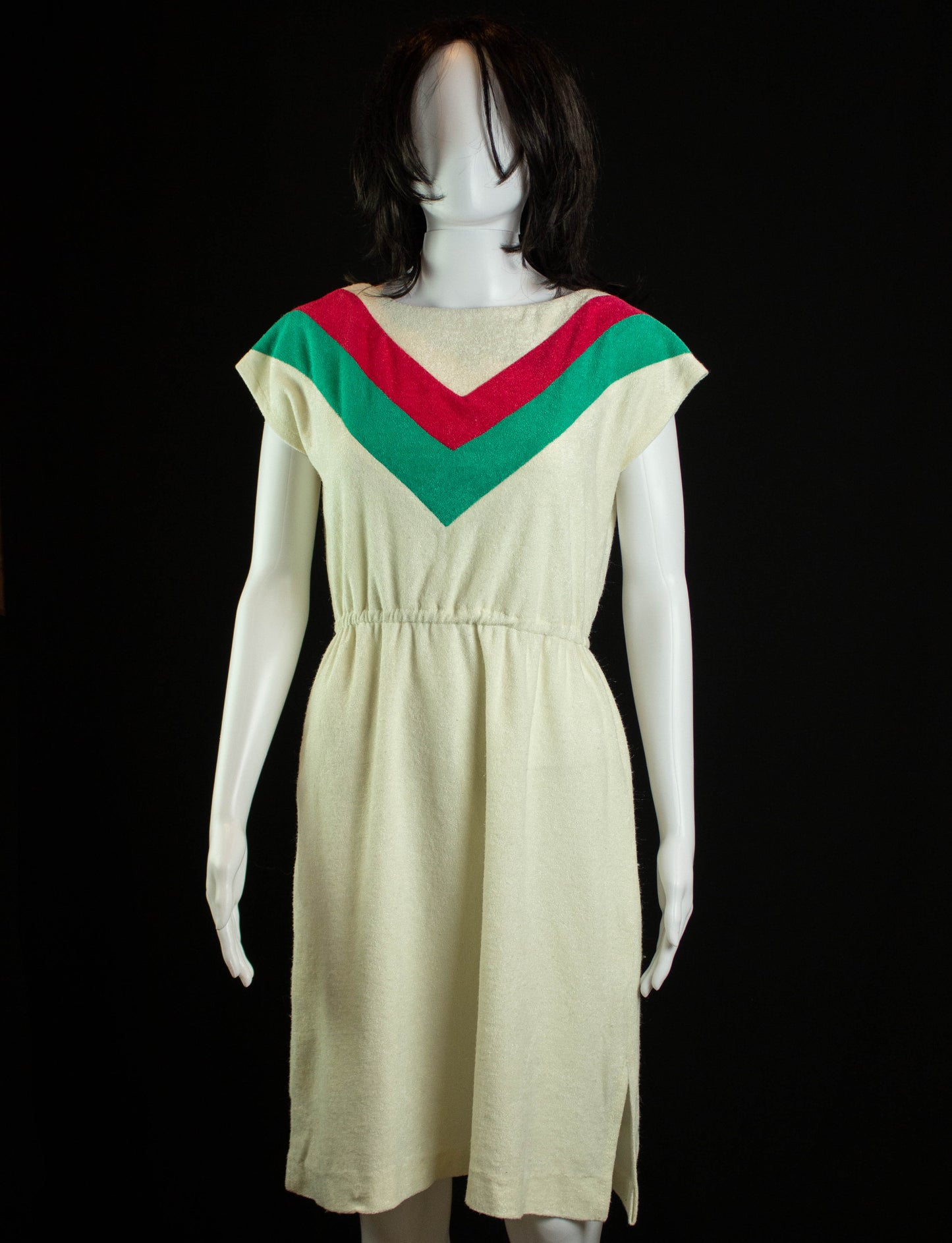 Vintage Chevron Terry Cloth Dress 70s Cream, Red and Green Medium