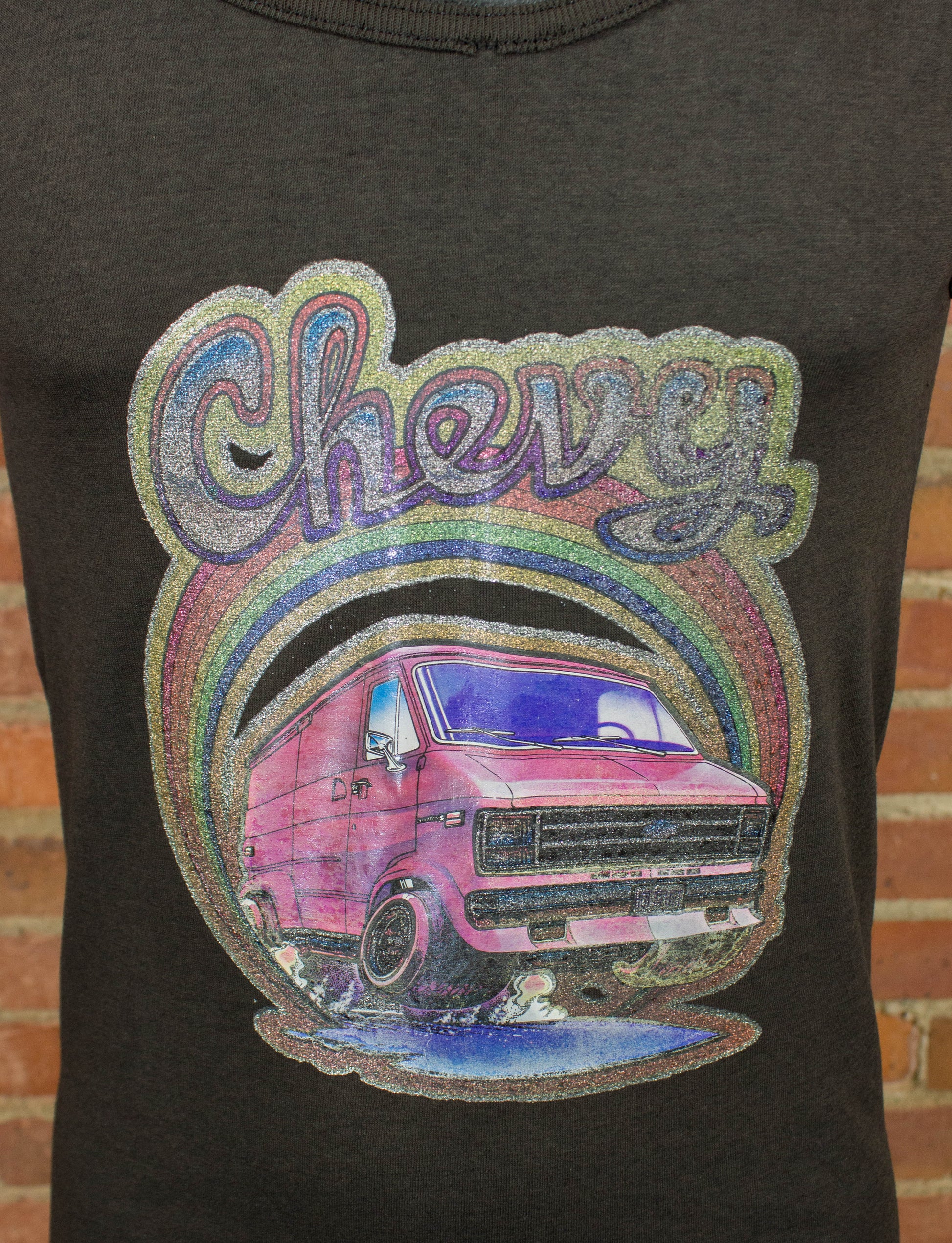 Vintage Chevy Van Iron On Graphic Tank Top Black and Rainbow Glitter Small