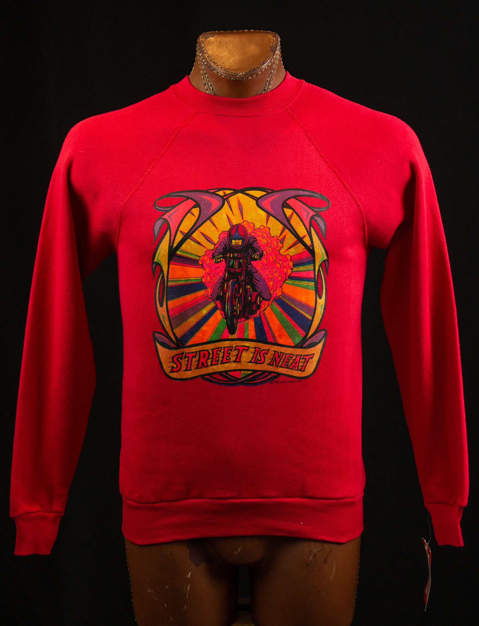 Vintage Deadstock Street Is Neat Graphic Crewneck Sweatshirt 80s Motorcycle Iron On Red Medium