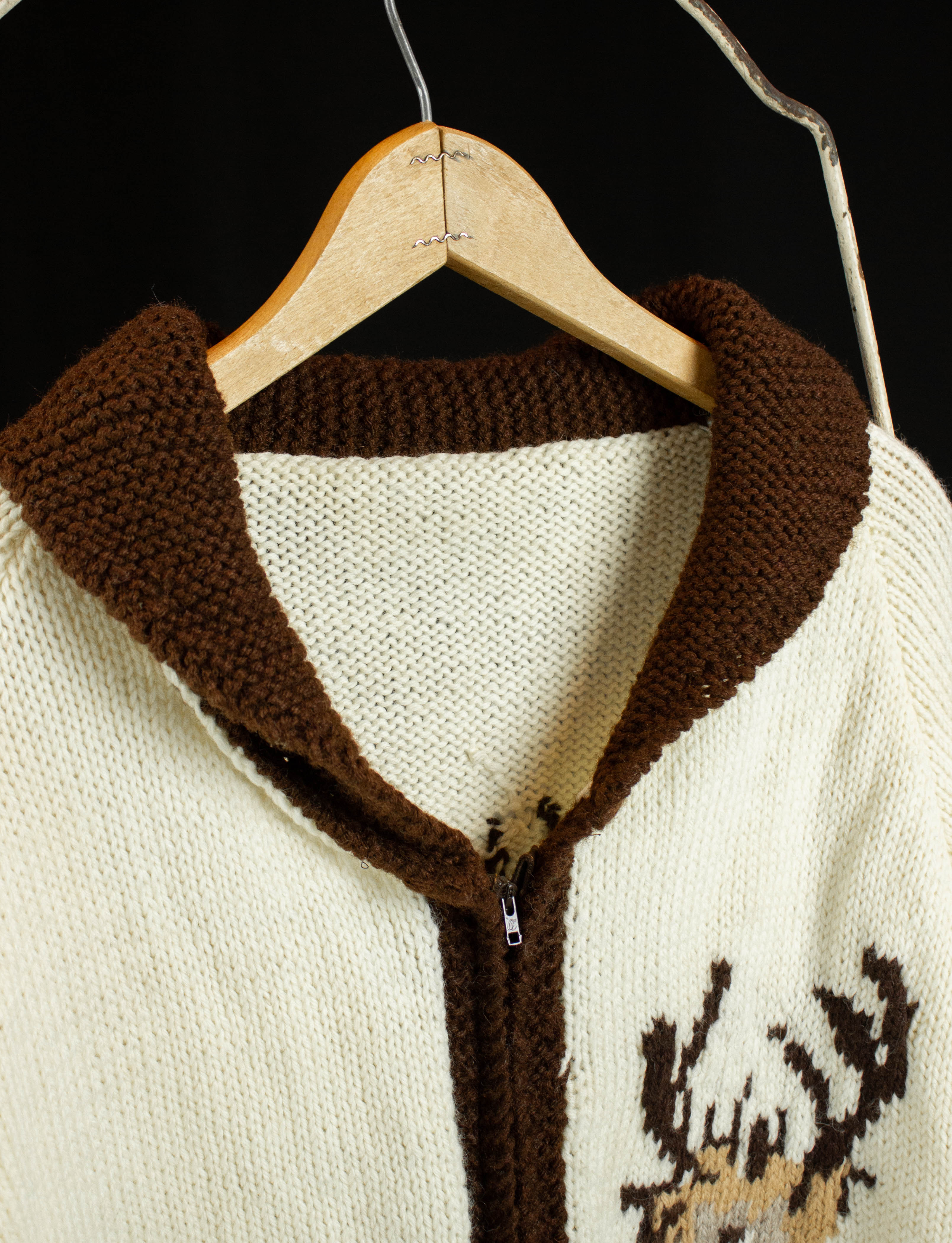 Vintage Deer Print Knit Cowichan Sweater 70s Zip Up Two Tone Cream