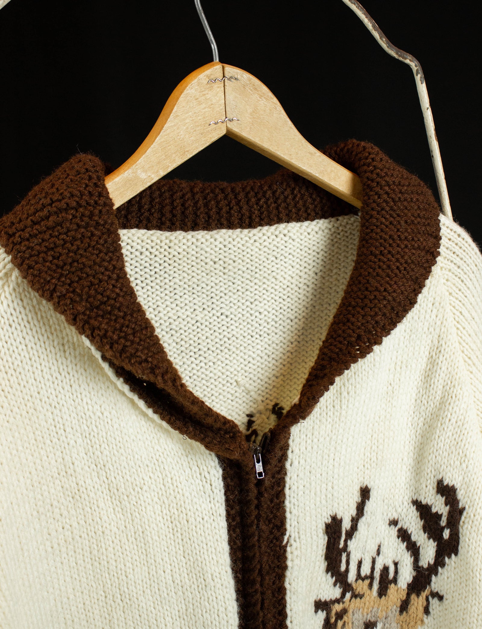 Vintage Deer Print Knit Cowichan Sweater 70s Zip Up Two Tone Cream and Brown Medium