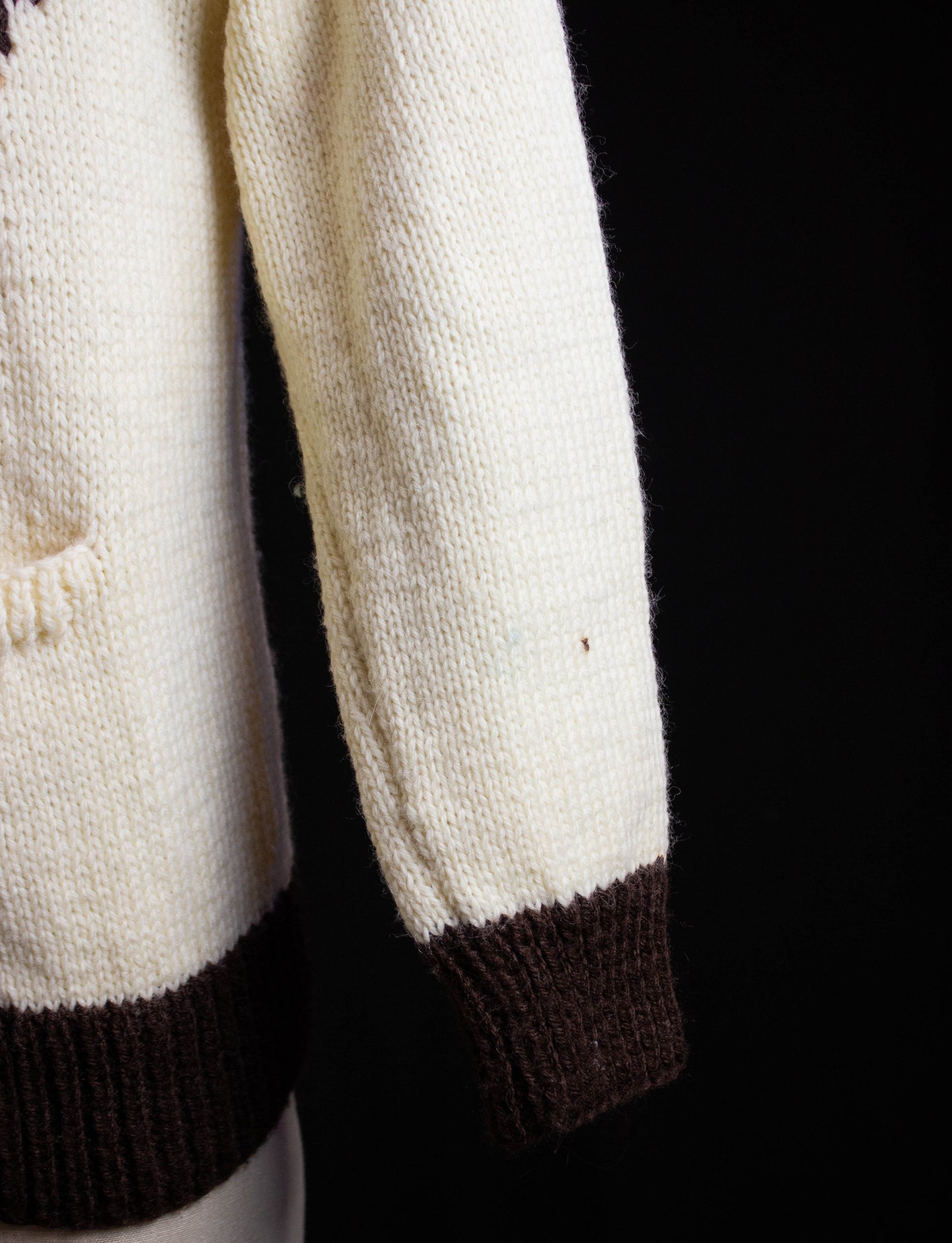 Vintage Deer Print Knit Cowichan Sweater 70s Zip Up Two Tone Cream and Brown Medium