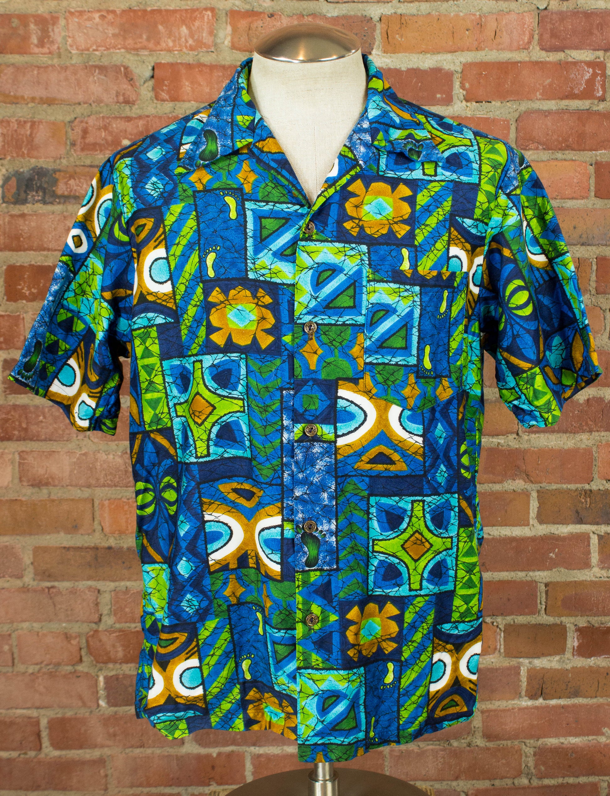 Vintage Diamond Head Sportswear Hawaiian Shirt 50s Blue and Green Loop Collar Large