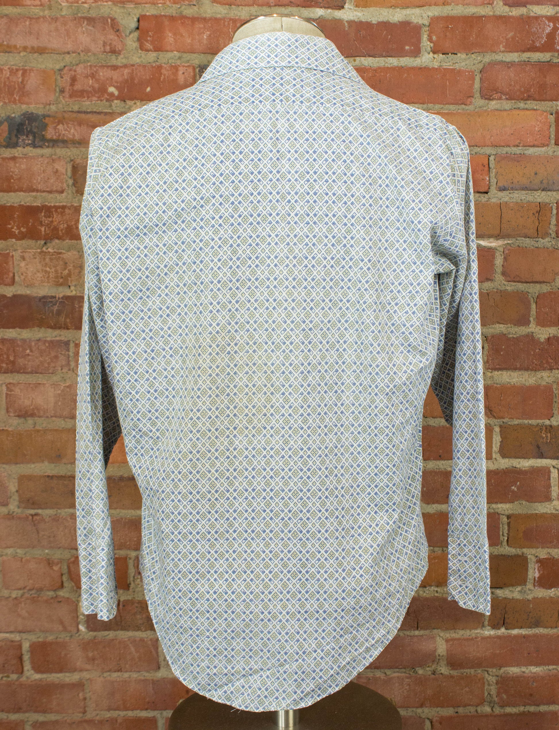 Vintage Double E Permanent Press Button Up Shirt 70s Micropattern White and Blue Medium