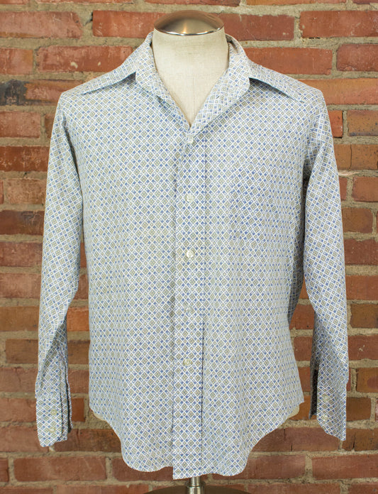 Vintage Double E Permanent Press Button Up Shirt 70s Micropattern White and Blue Medium