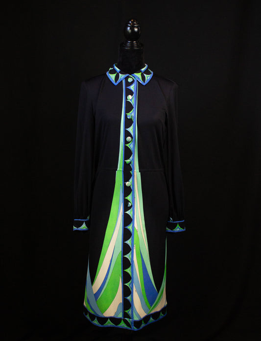 Vintage 60s Emilio Pucci Long Sleeve Dress with Collar Black Size 8