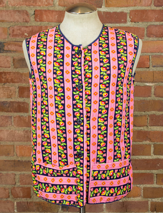 Vintage Handmade Pink Floral Striped Vest 60s Hippie Medium