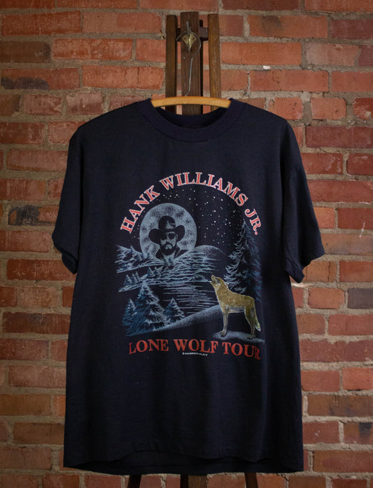 Vintage Hank Williams Jr. 80s Lone Wolf Tour Concert T Shirt Black XL