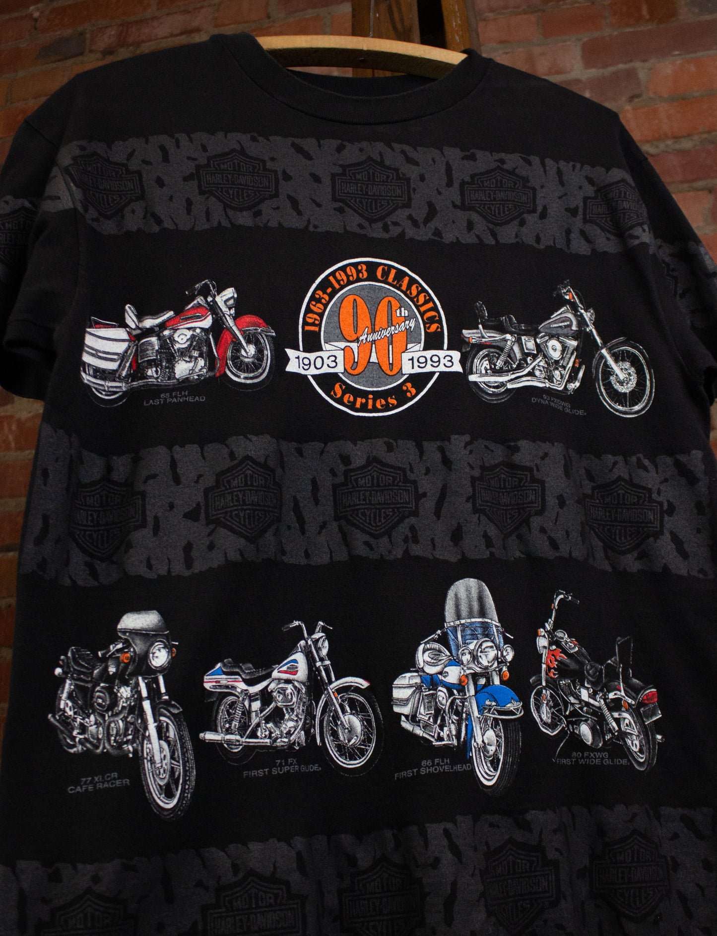 Vintage Harley Davidson 1992 90th Anniversary All Over Print Graphic T Shirt Black Medium