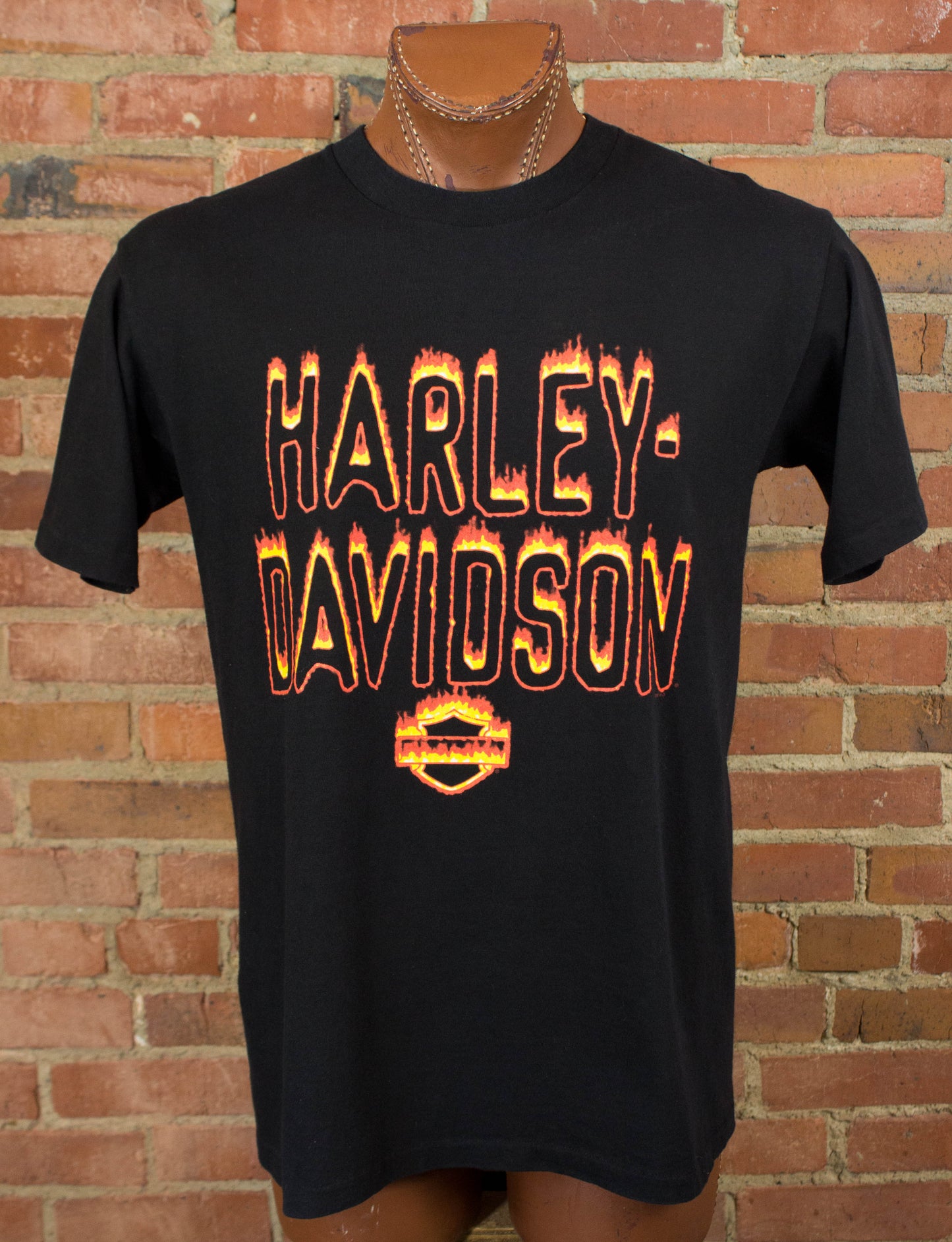 Vintage Harley Davidson Flame Logo Graphic T Shirt 1995 Rice Lake, Wisconsin Black Large