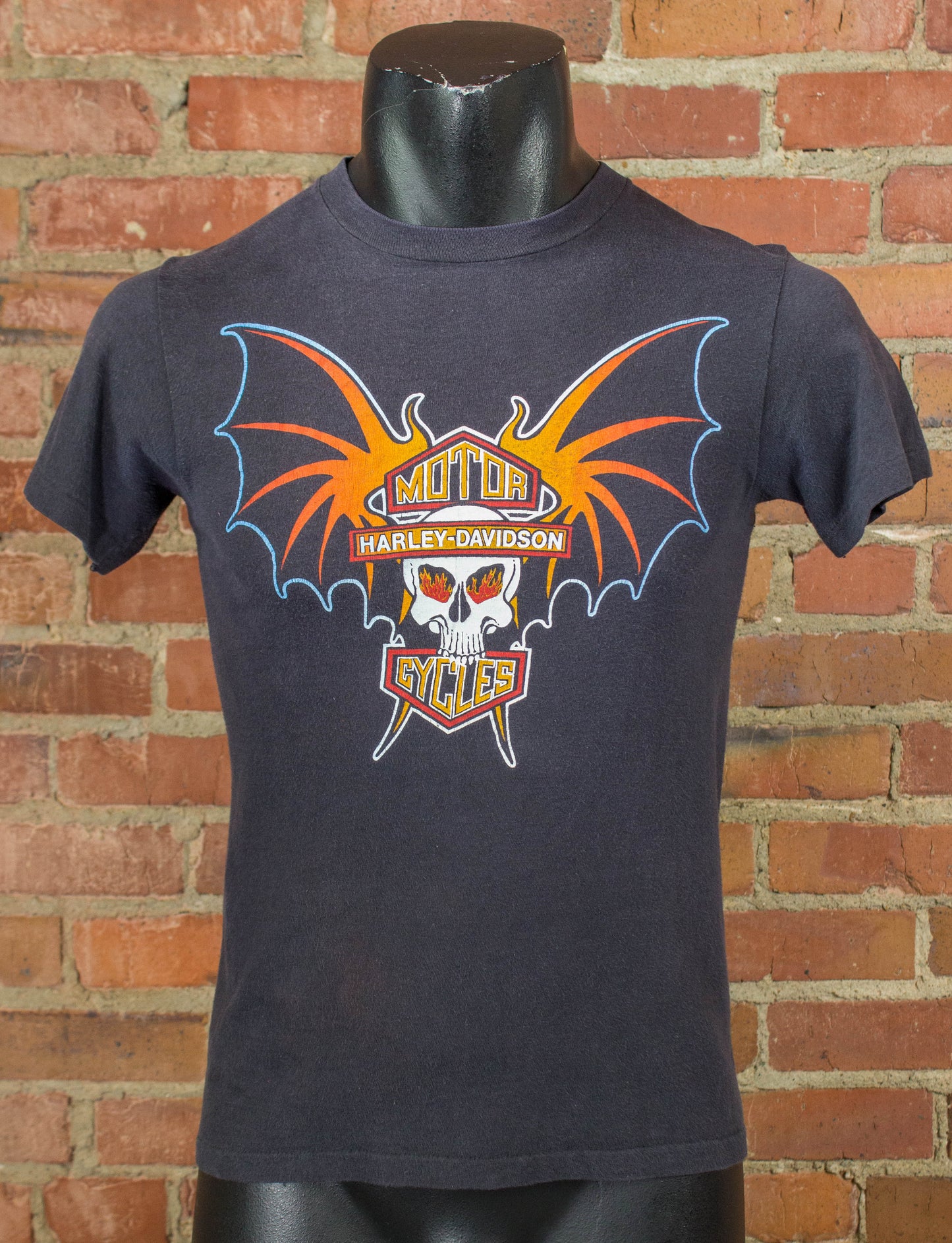 Vintage Harley Davidson Graphic T Shirt 80s Skull Wings Logo Faded Black Small